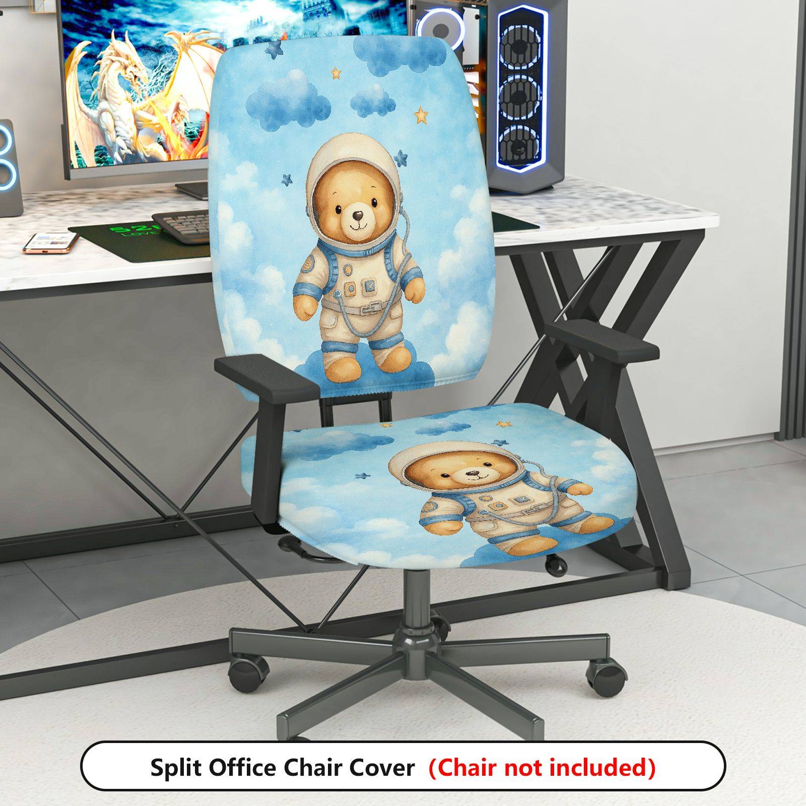 2-Piece Astronaut Bear Cloud Star Sky  Computer Chair Cover Set, Seat and Backrest