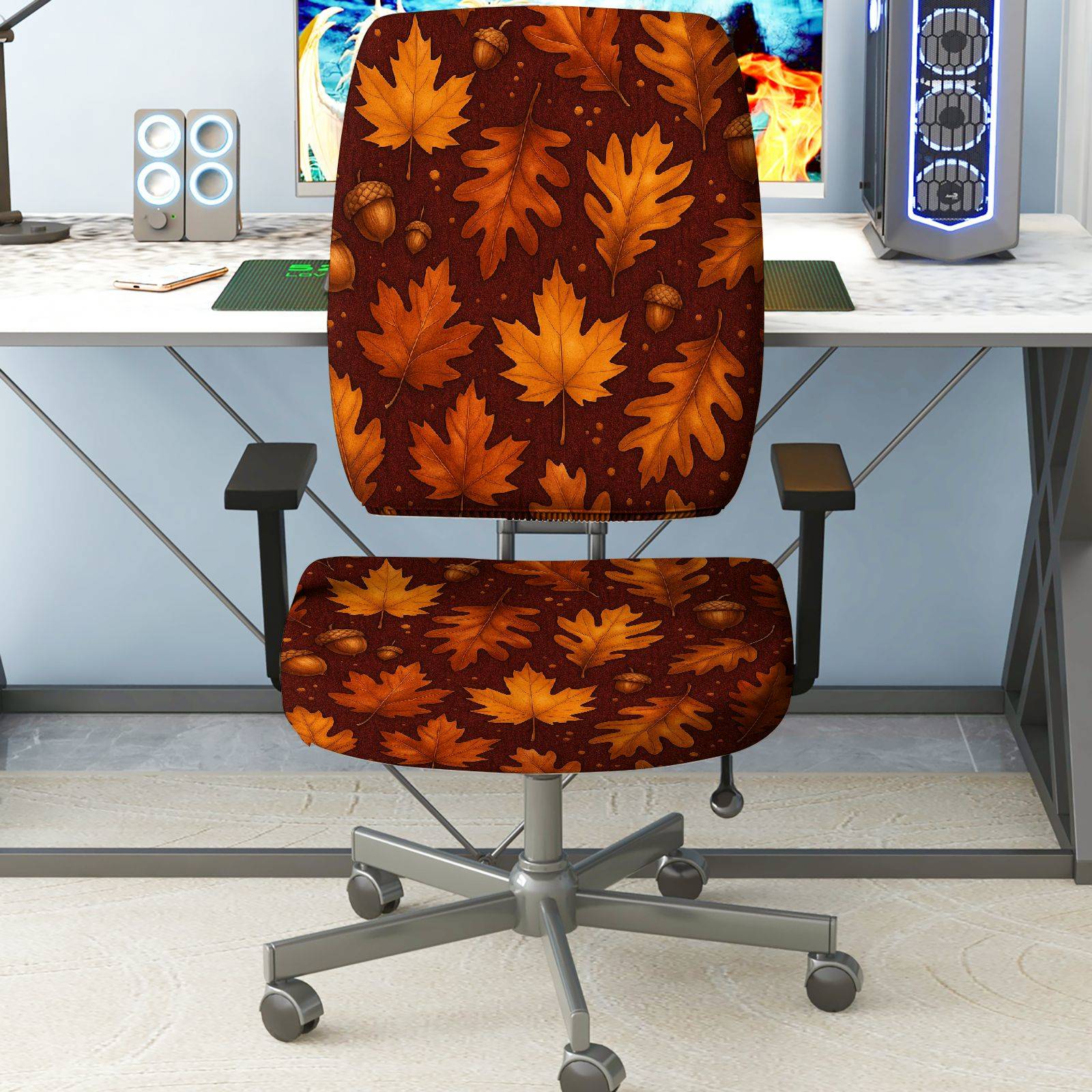 2-Piece Autumn Maple Leaf Acorn Pattern Decorative  Computer Chair Cover Set, Seat and Backrest