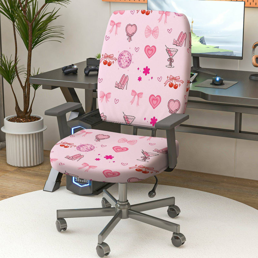 2-Piece Pink Romantic Heart Bow Cherry Flower  Computer Chair Cover Set, Seat and Backrest