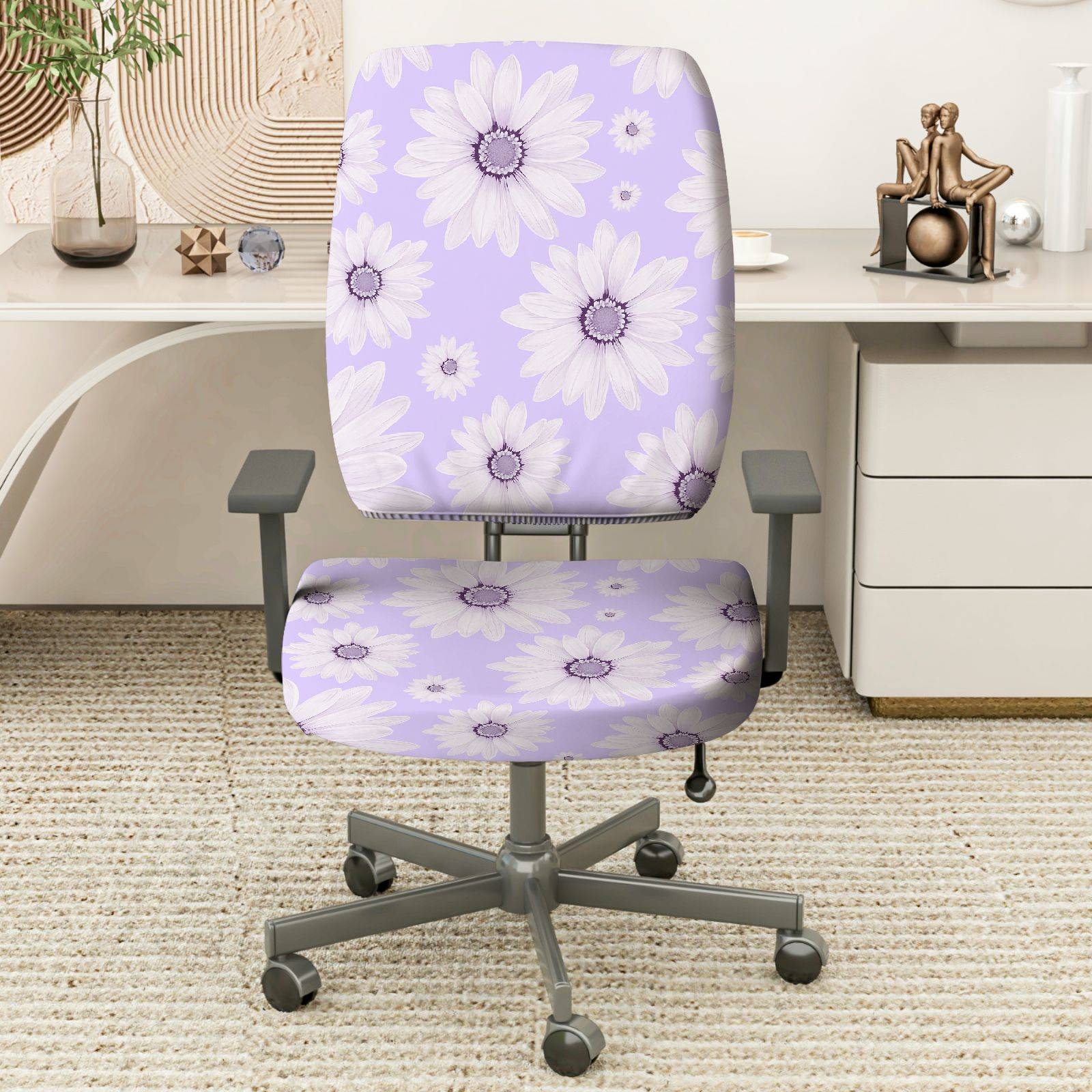2-Piece Floral Purple Daisy Pattern  Computer Chair Cover Set, Seat and Backrest