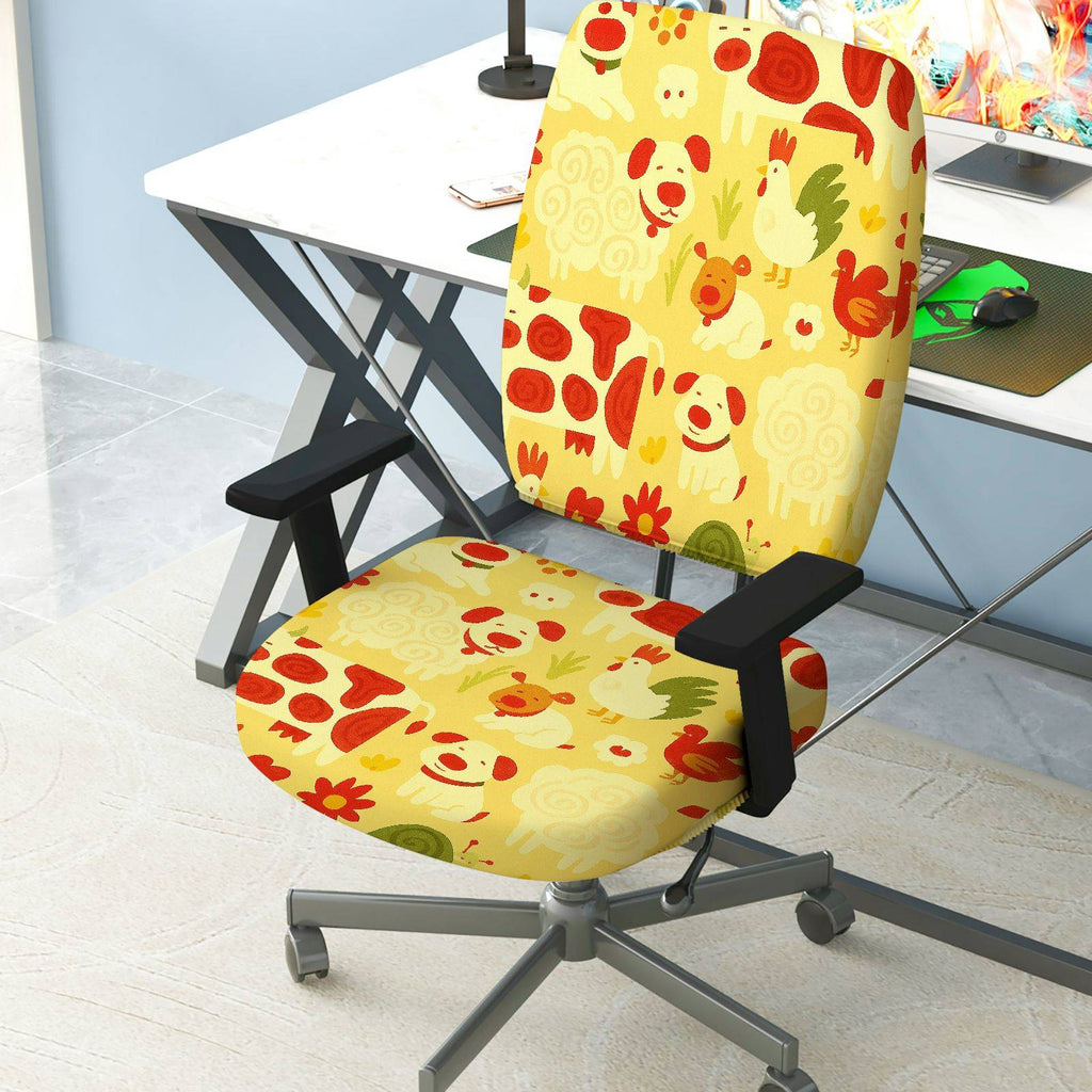 2-Piece Animal Pattern Farm Style Yellow Colorful  Computer Chair Cover Set, Seat and Backrest