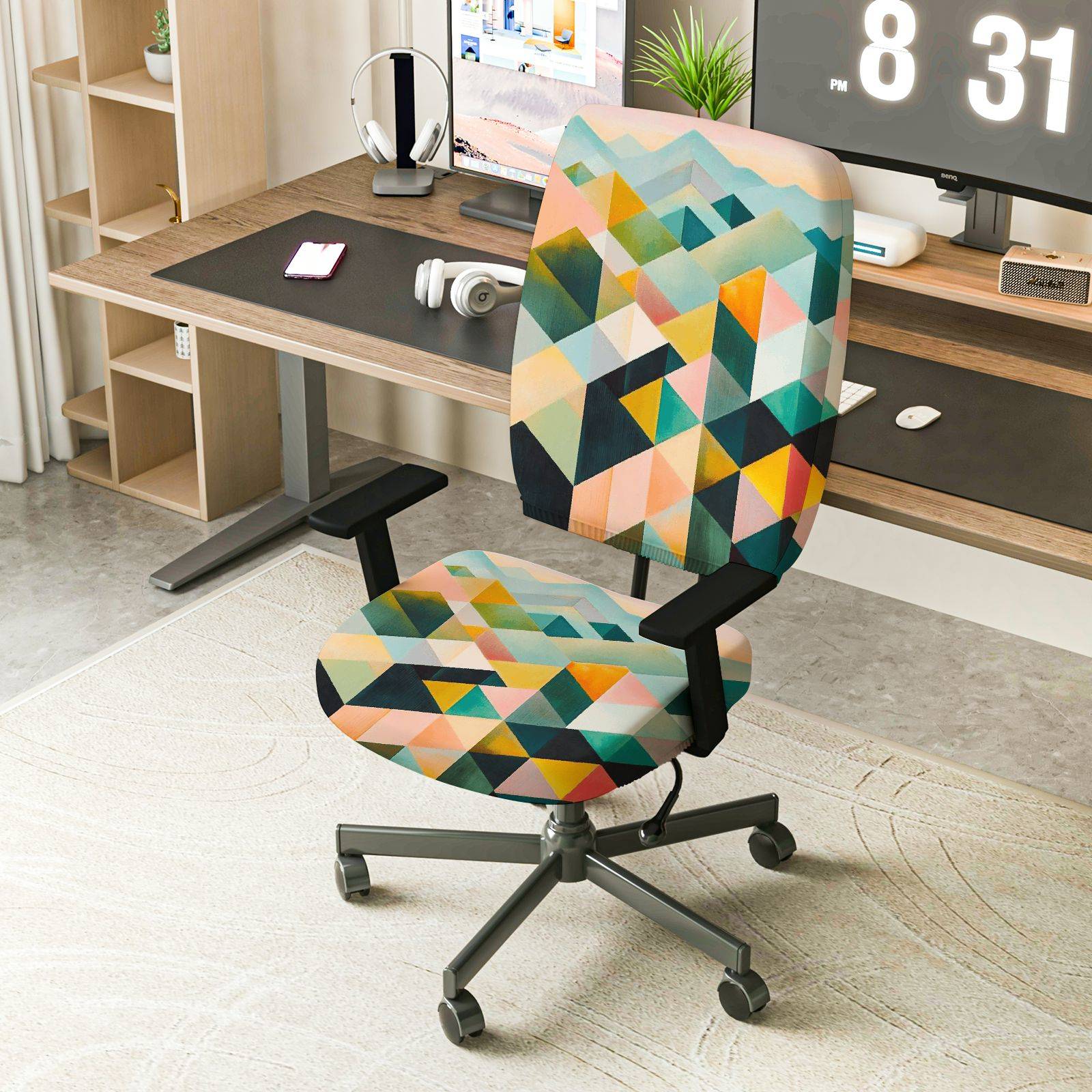 2-Piece Geometric Pattern Colorful Abstract Art Modern Stylish  Computer Chair Cover Set, Seat and Backrest