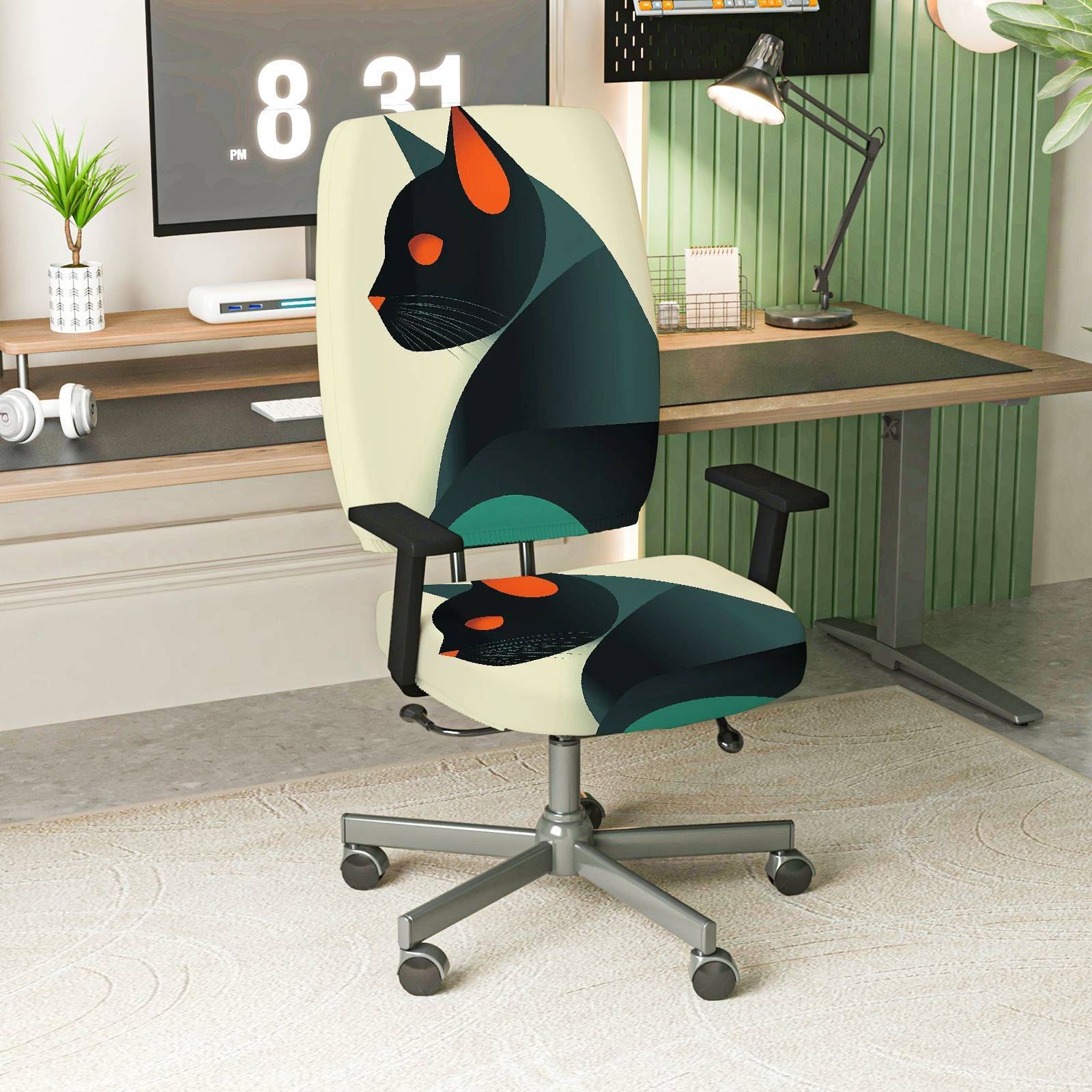 2-Piece Geometric Cat Modern Art Abstract Stylish Decorative  Computer Chair Cover Set, Seat and Backrest