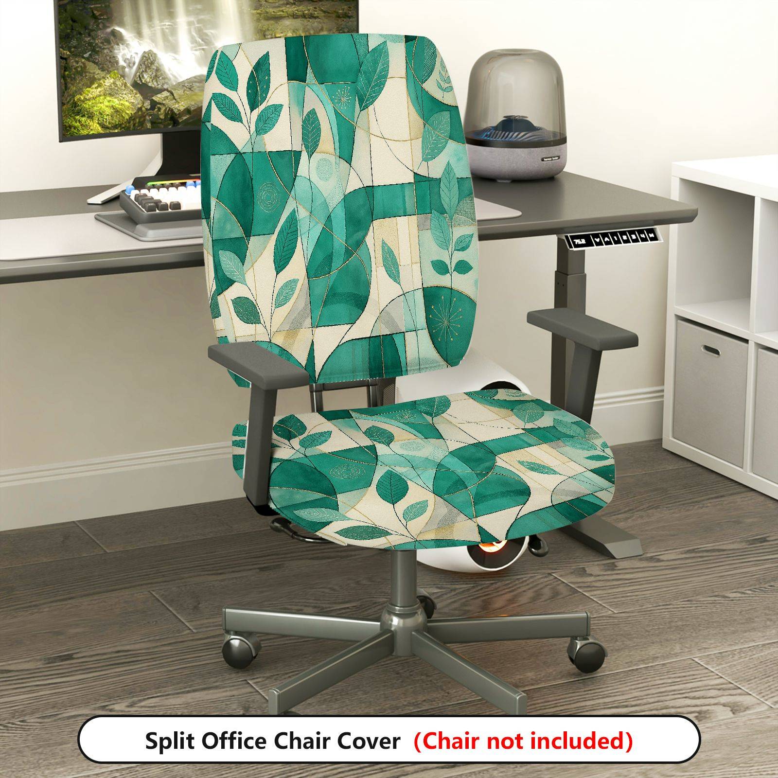 2-Piece Green Leaf Abstract Geometric Pattern Decorative  Computer Chair Cover Set, Seat and Backrest