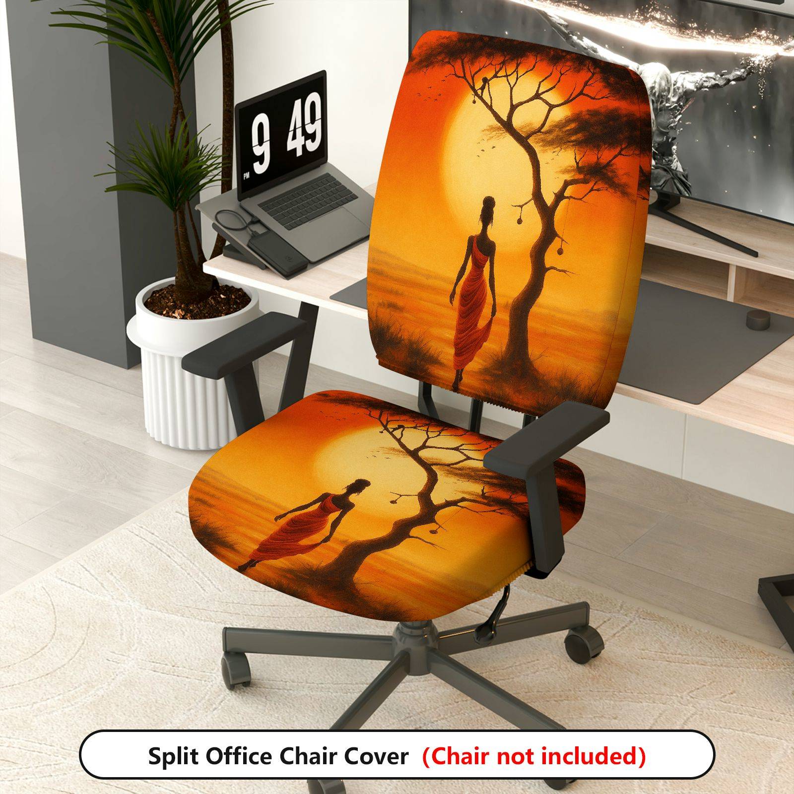 2-Piece African Sunset Woman Art Landscape Tree  Computer Chair Cover Set, Seat and Backrest