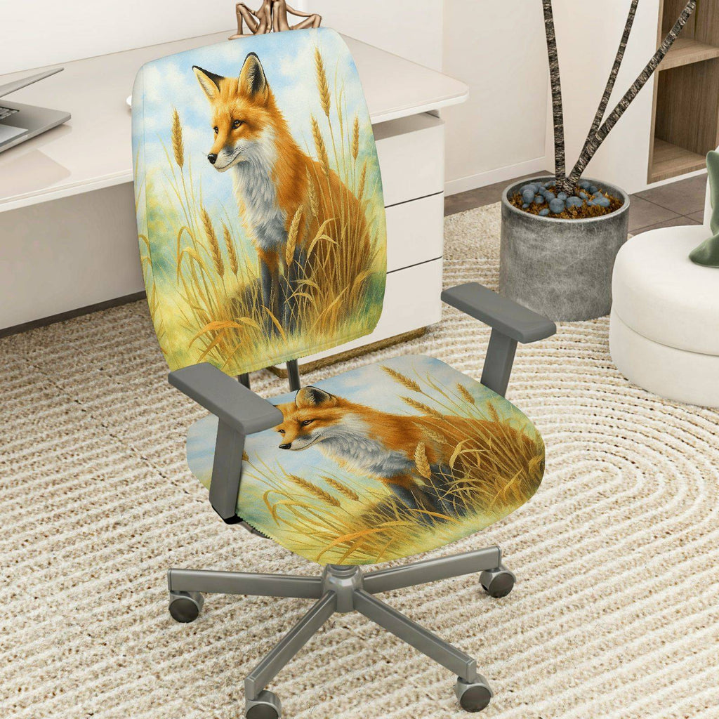 2-Piece Animal Nature Landscape Fox Grass  Computer Chair Cover Set, Seat and Backrest