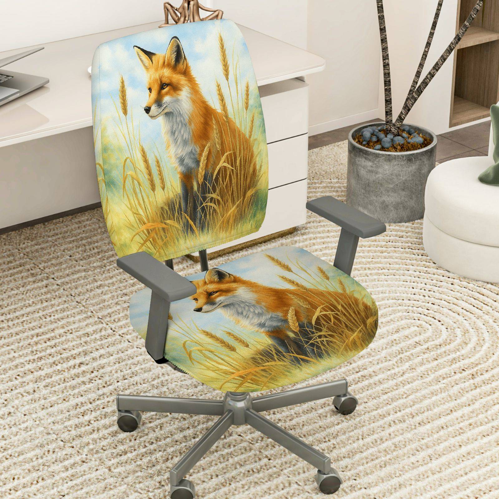 2-Piece Animal Nature Landscape Fox Grass  Computer Chair Cover Set, Seat and Backrest
