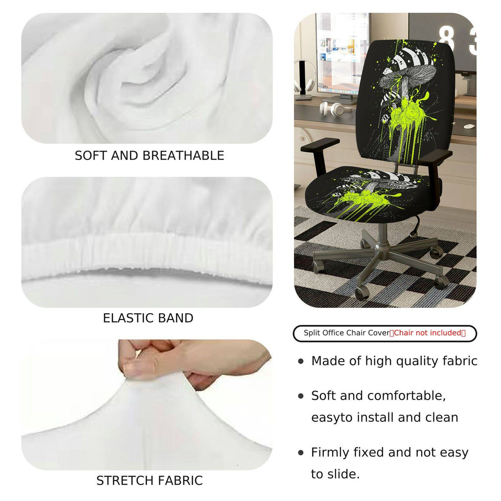 2-Piece Abstract Psychedelic Mushroom Art Green Splash Black  Computer Chair Cover Set, Seat and Backrest