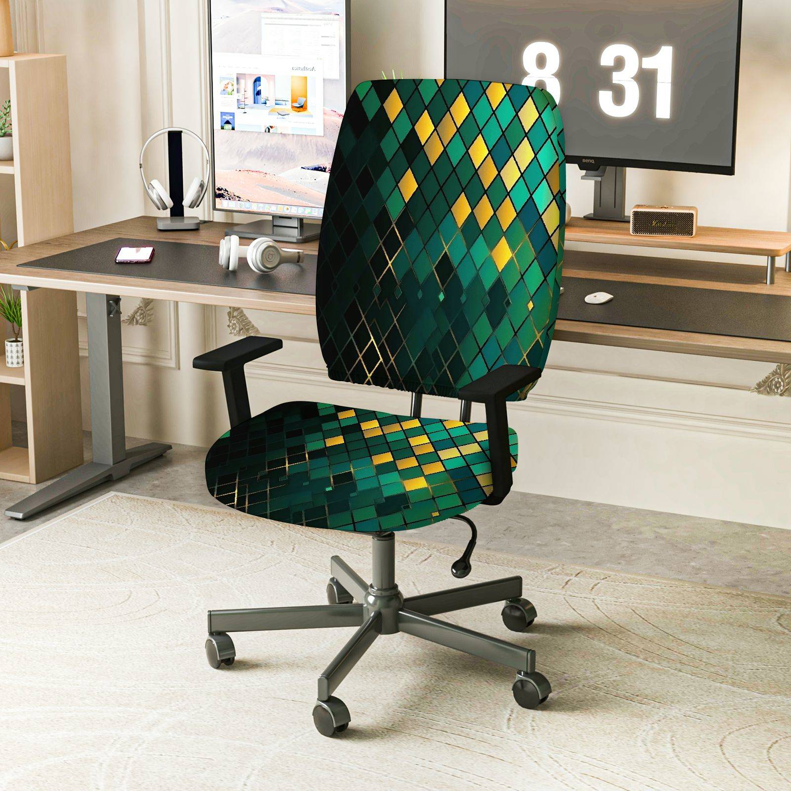 2-Piece Geometric Diamond Pattern Green Yellow Decorative  Computer Chair Cover Set, Seat and Backrest