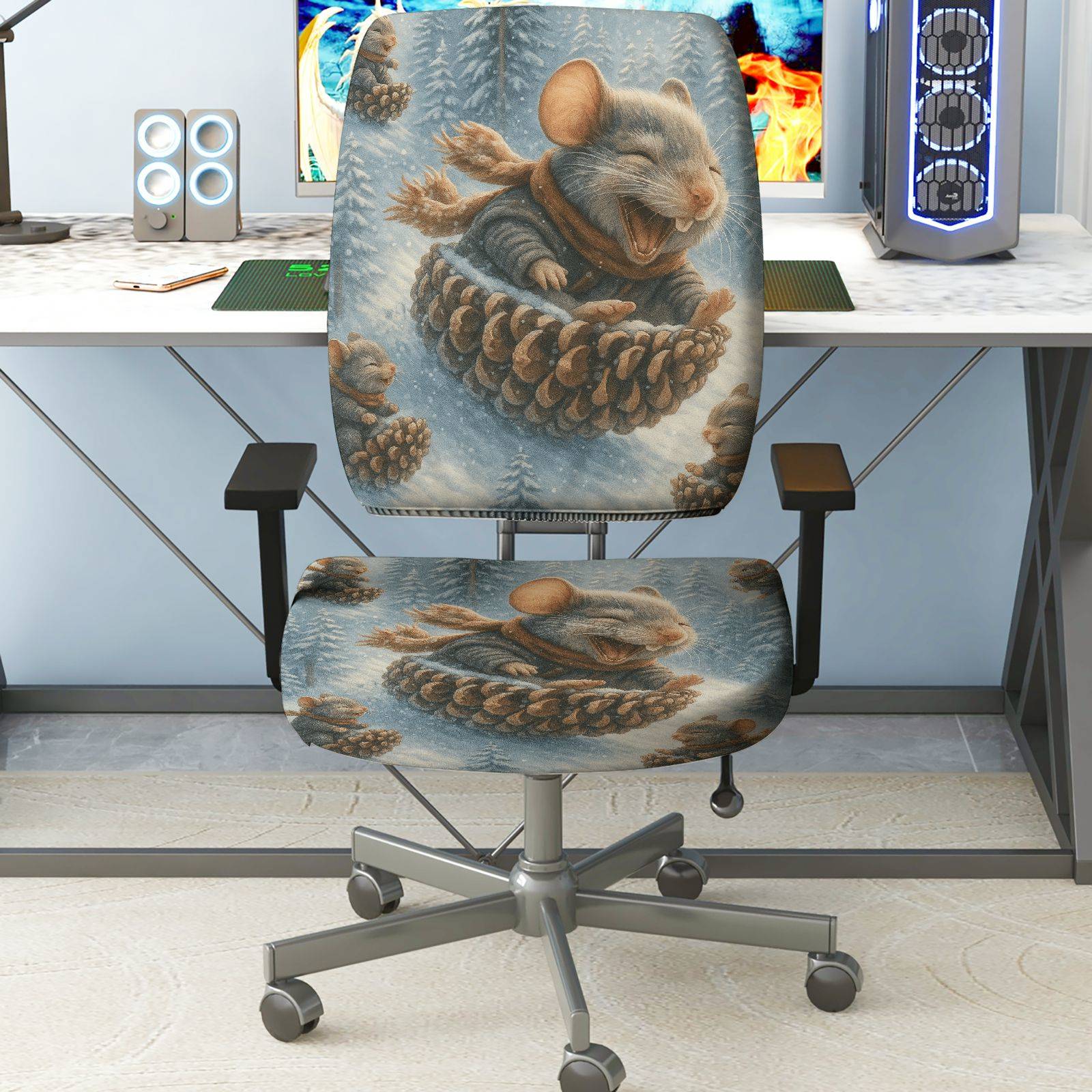 2-Piece Animal Winter Festive Decorative Cozy  Computer Chair Cover Set, Seat and Backrest