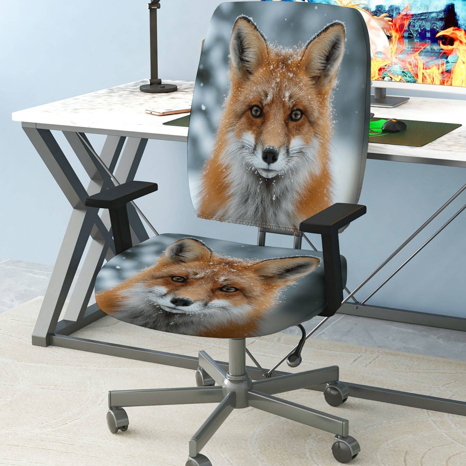 2-Piece Animal Nature Fox Snow Winter  Computer Chair Cover Set, Seat and Backrest