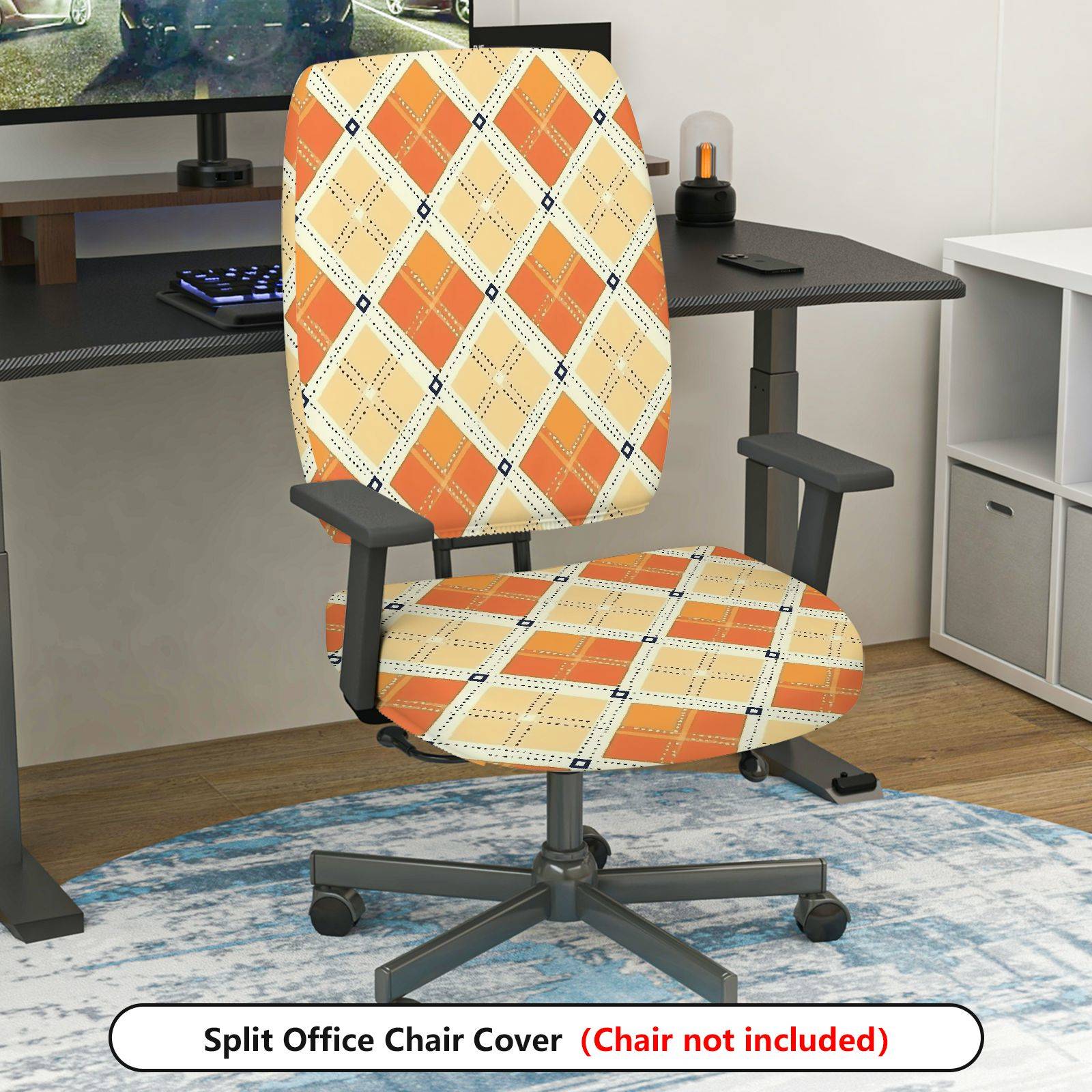 2-Piece Argyle Plaid Geometric Orange Decorative  Computer Chair Cover Set, Seat and Backrest