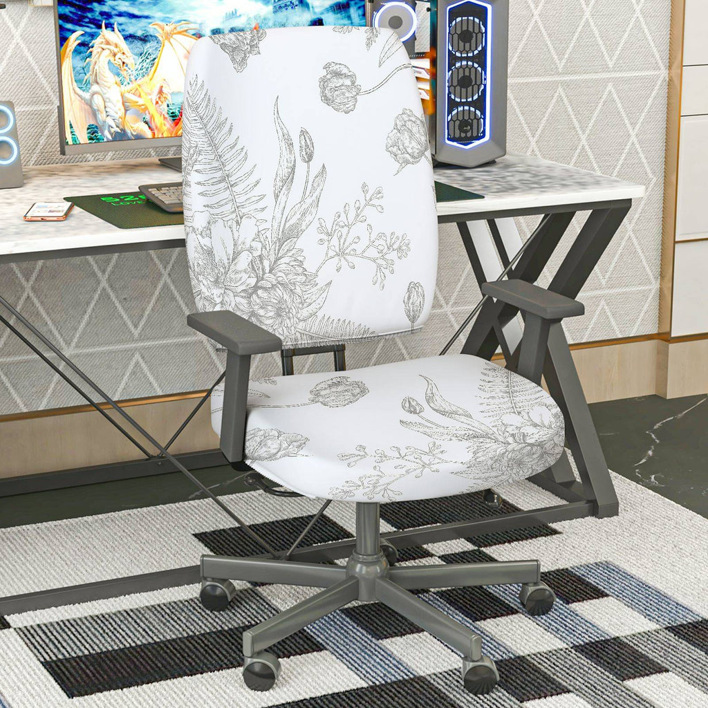 2-Piece Floral Pattern Botanical Design Nature Inspired White  Computer Chair Cover Set, Seat and Backrest