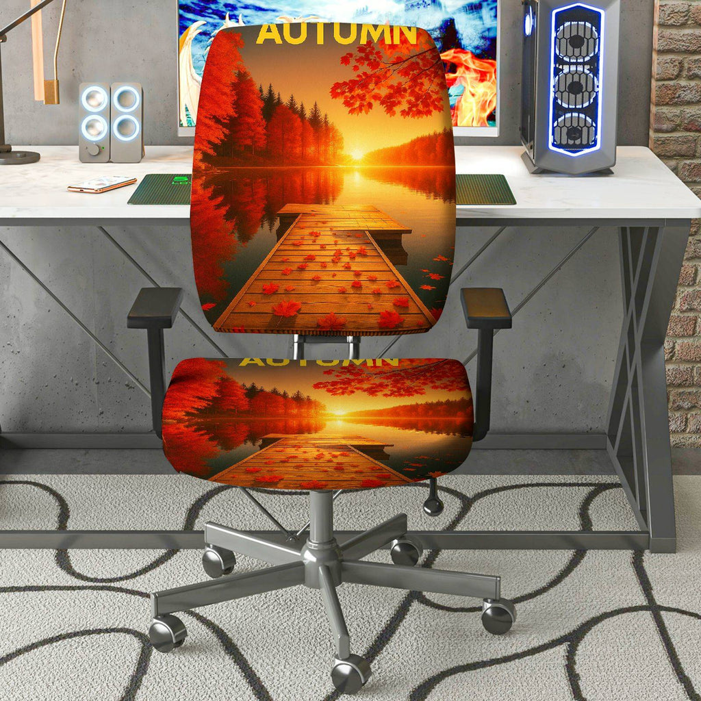 2-Piece Autumn Sunset Lake Nature Scenery  Computer Chair Cover Set, Seat and Backrest