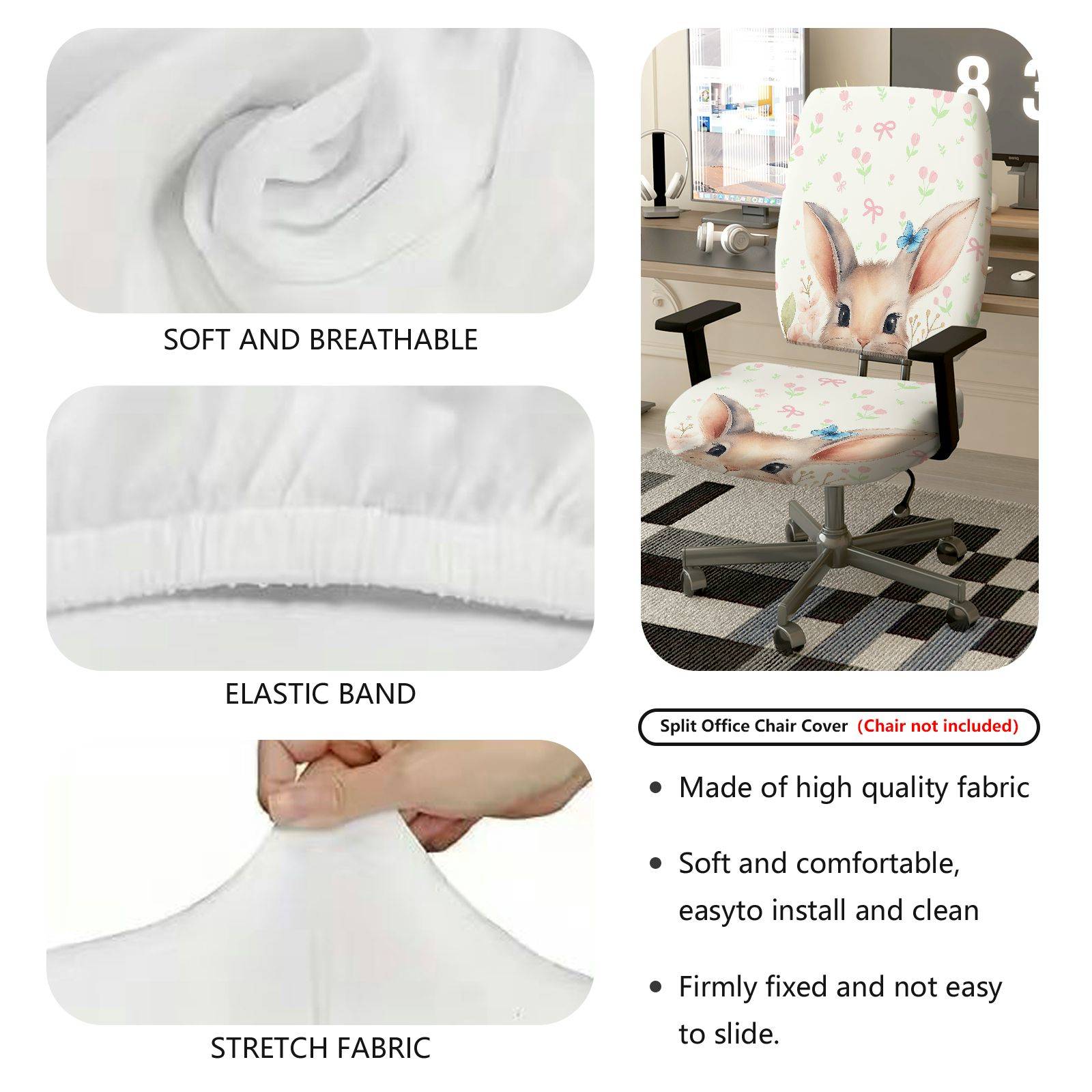 2-Piece Cute Bunny Floral Pattern Spring Easter  Computer Chair Cover Set, Seat and Backrest