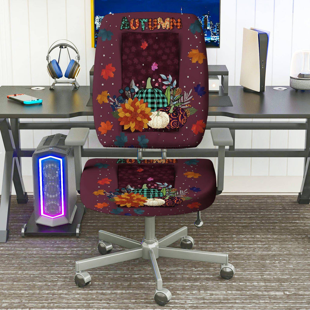 2-Piece Autumn Festive Leaves Pumpkin Thanksgiving  Computer Chair Cover Set, Seat and Backrest