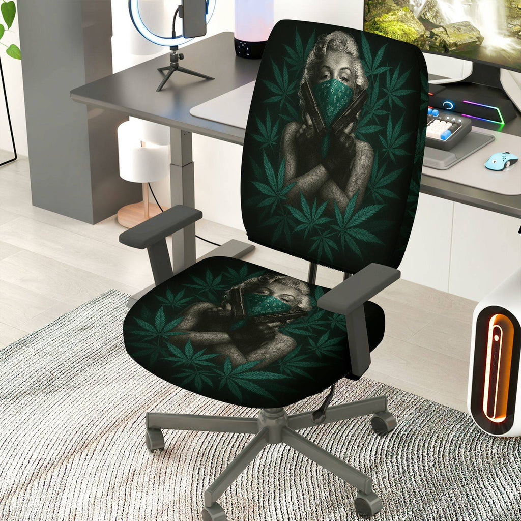 2-Piece Black Green Leaf Artistic Stylish Unique Creative  Computer Chair Cover Set, Seat and Backrest