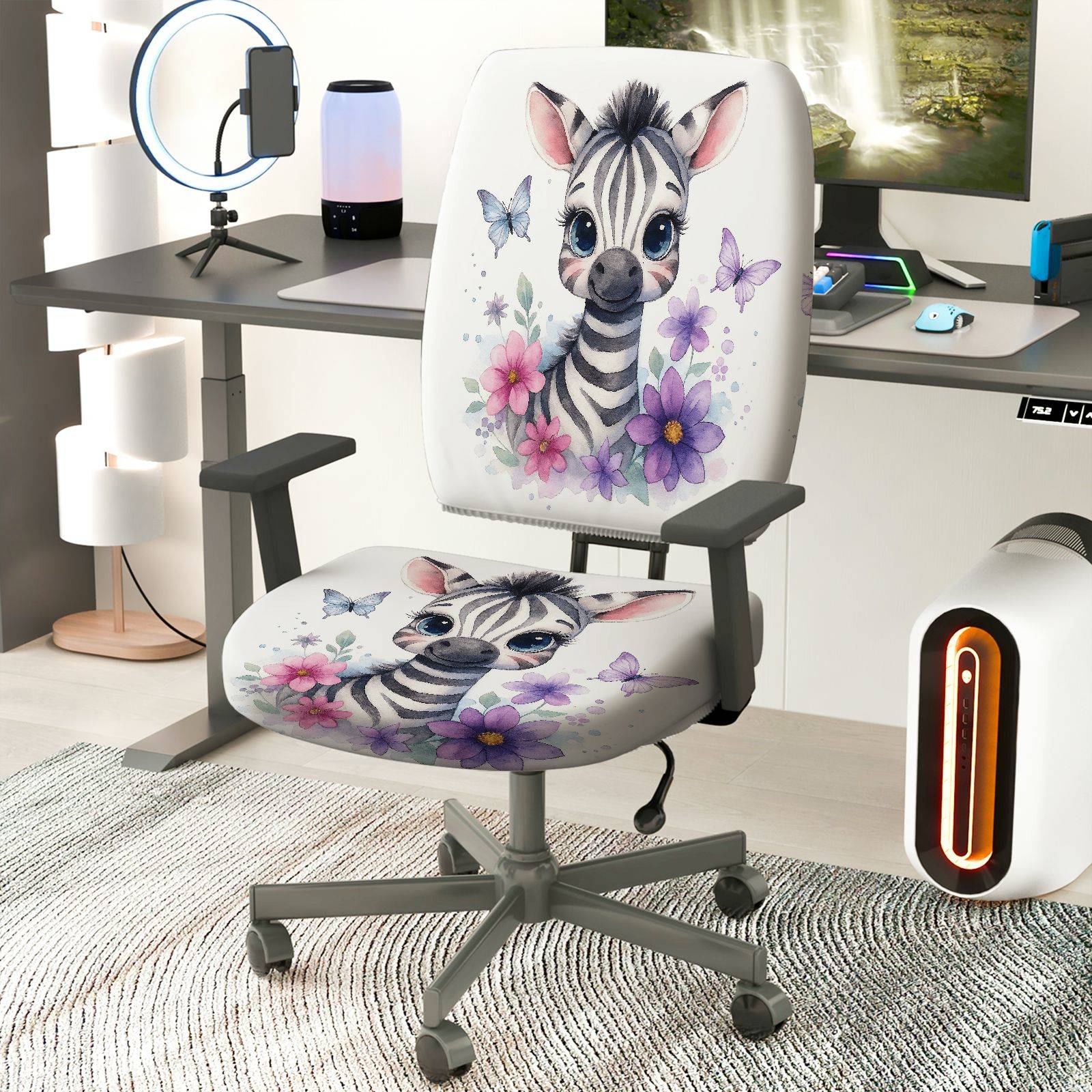 2-Piece Zebra Flower Butterfly Cute  Computer Chair Cover Set, Seat and Backrest