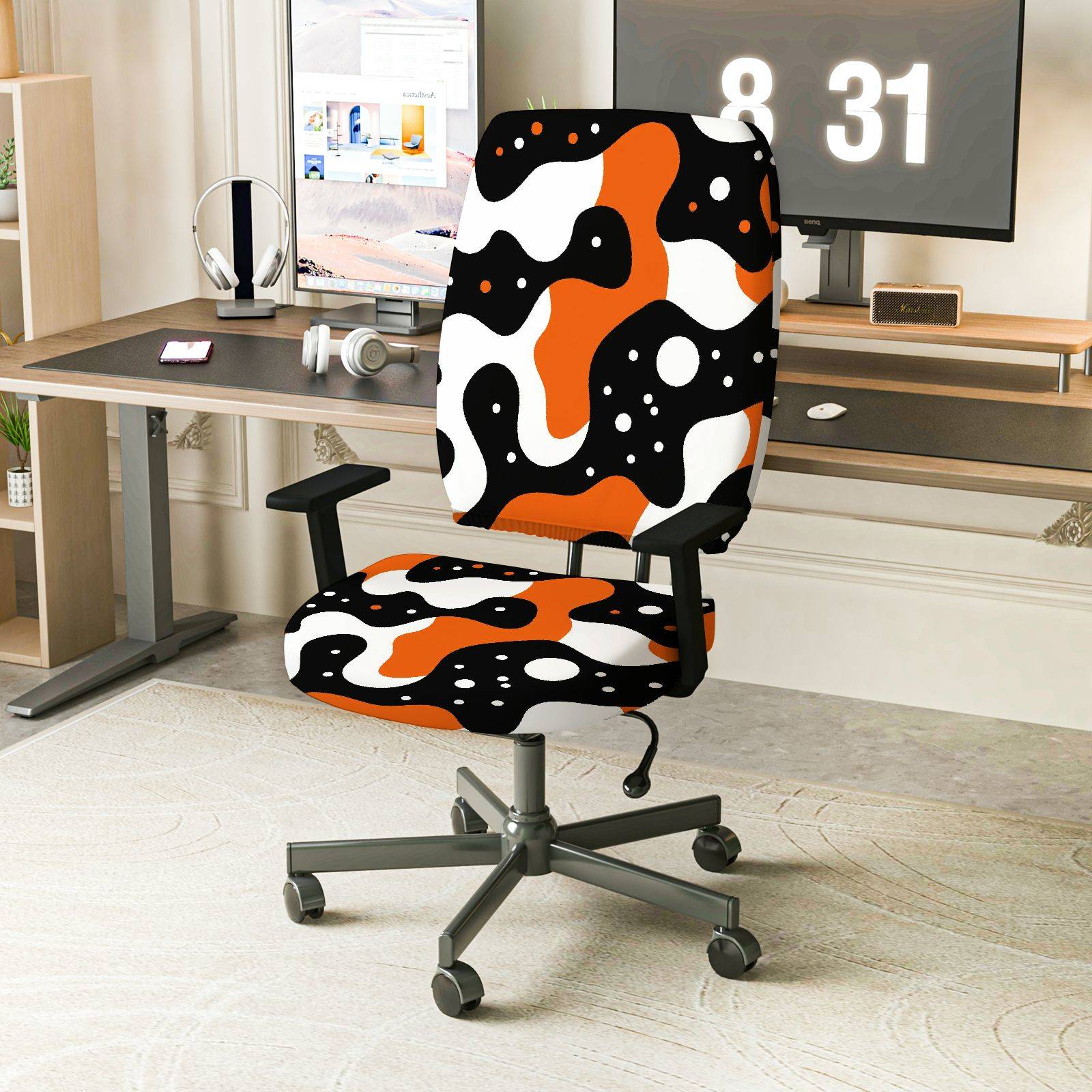 2-Piece Abstract Geometric Modern Art Style Orange Black White  Computer Chair Cover Set, Seat and Backrest