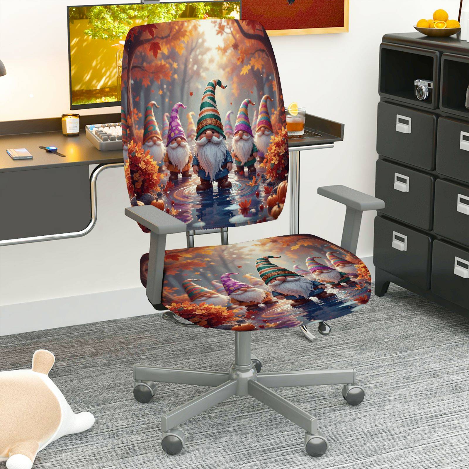 2-Piece Autumn Fairy Gnome Forest Pumpkin Seasonal  Computer Chair Cover Set, Seat and Backrest