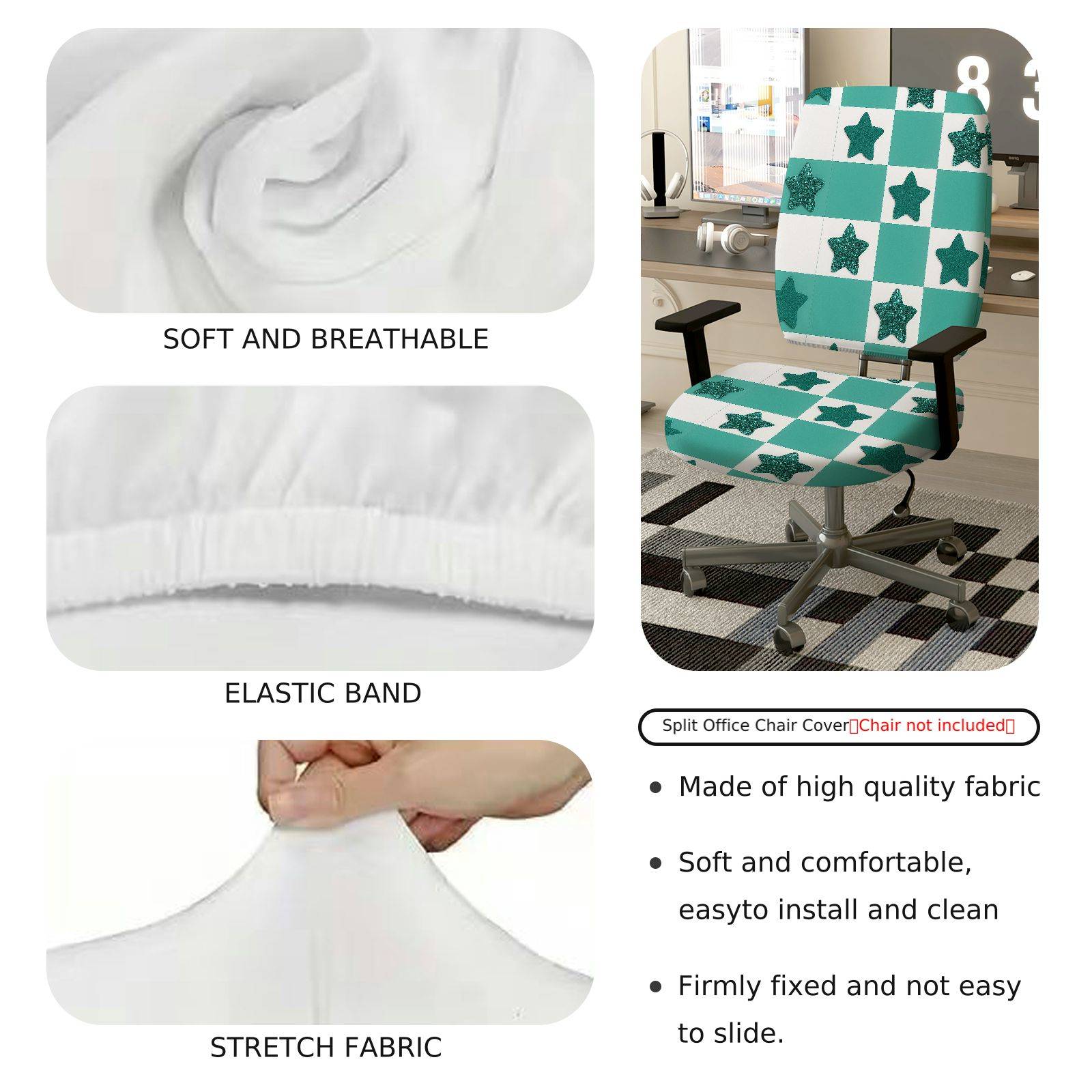 2-Piece Aesthetic Checkered Star Glitter Geometric  Computer Chair Cover Set, Seat and Backrest