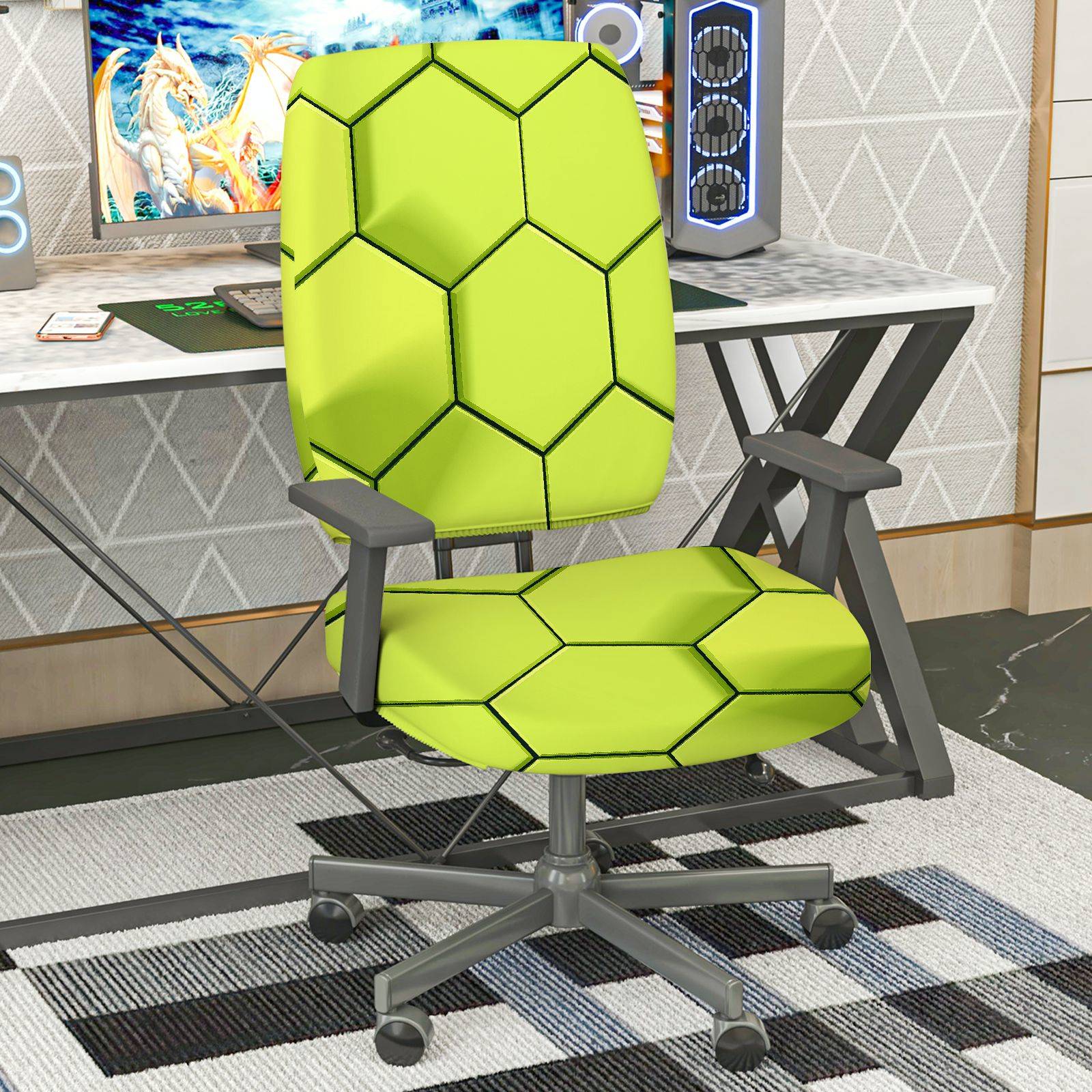 2-Piece Geometric Hexagon Pattern Green Modern Stylish  Computer Chair Cover Set, Seat and Backrest