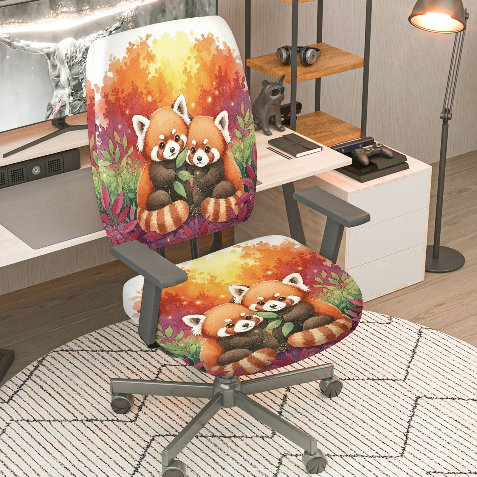 2-Piece Red Panda Autumn Forest Cute Animal Nature Art  Computer Chair Cover Set, Seat and Backrest