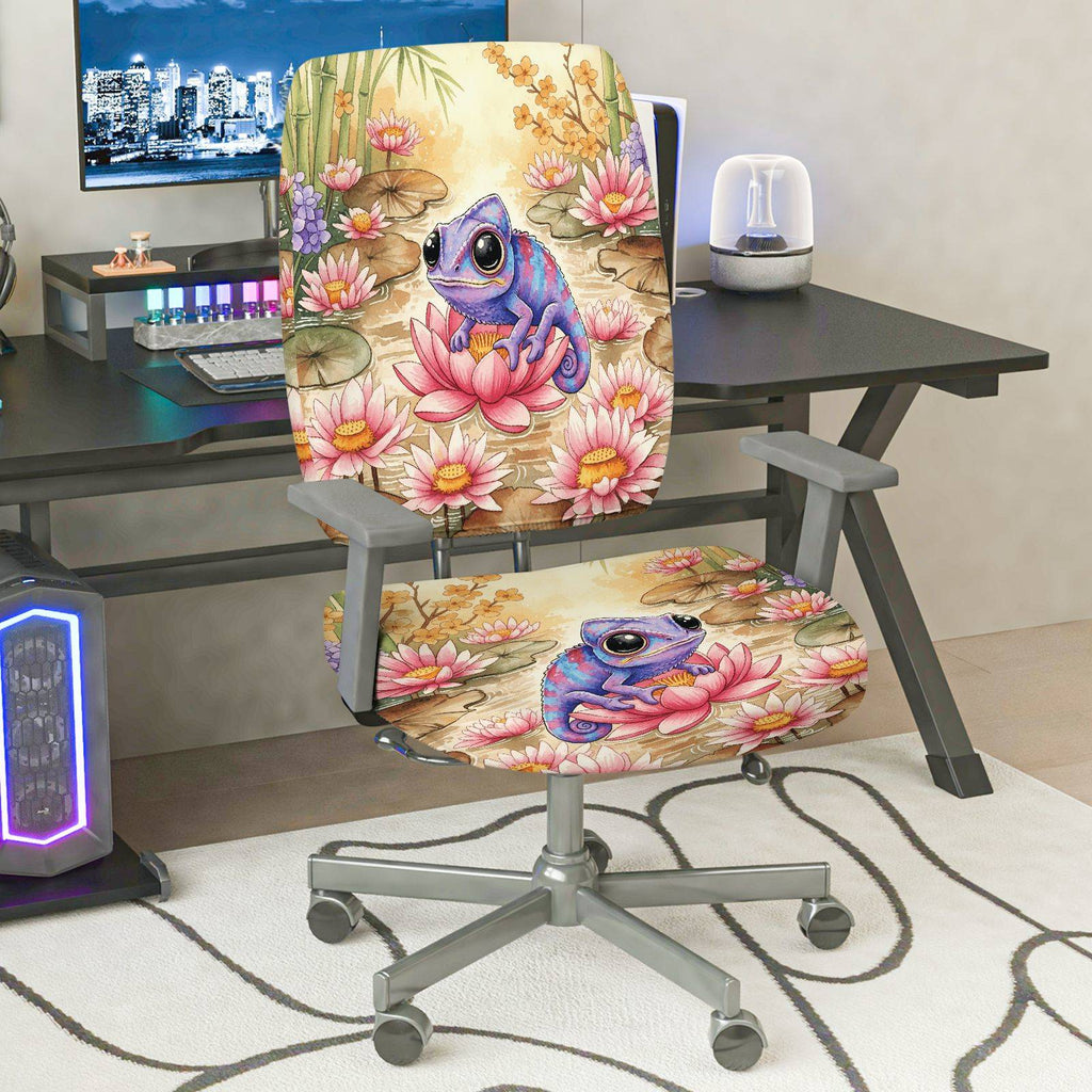 2-Piece Chameleon Lotus Flower Artistic Colorful Nature  Computer Chair Cover Set, Seat and Backrest