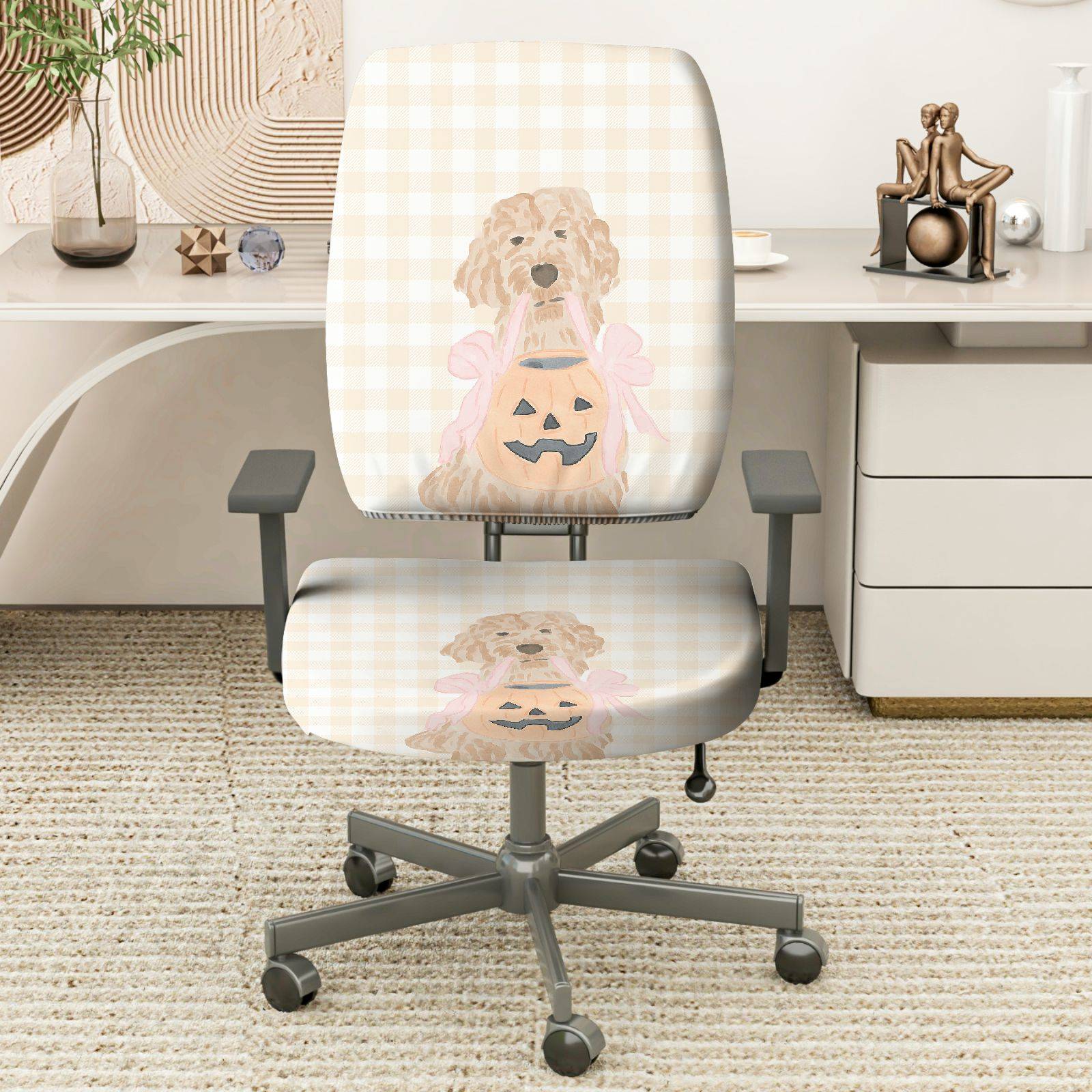 2-Piece Dog Halloween Pumpkin Cute Fun Holiday  Computer Chair Cover Set, Seat and Backrest