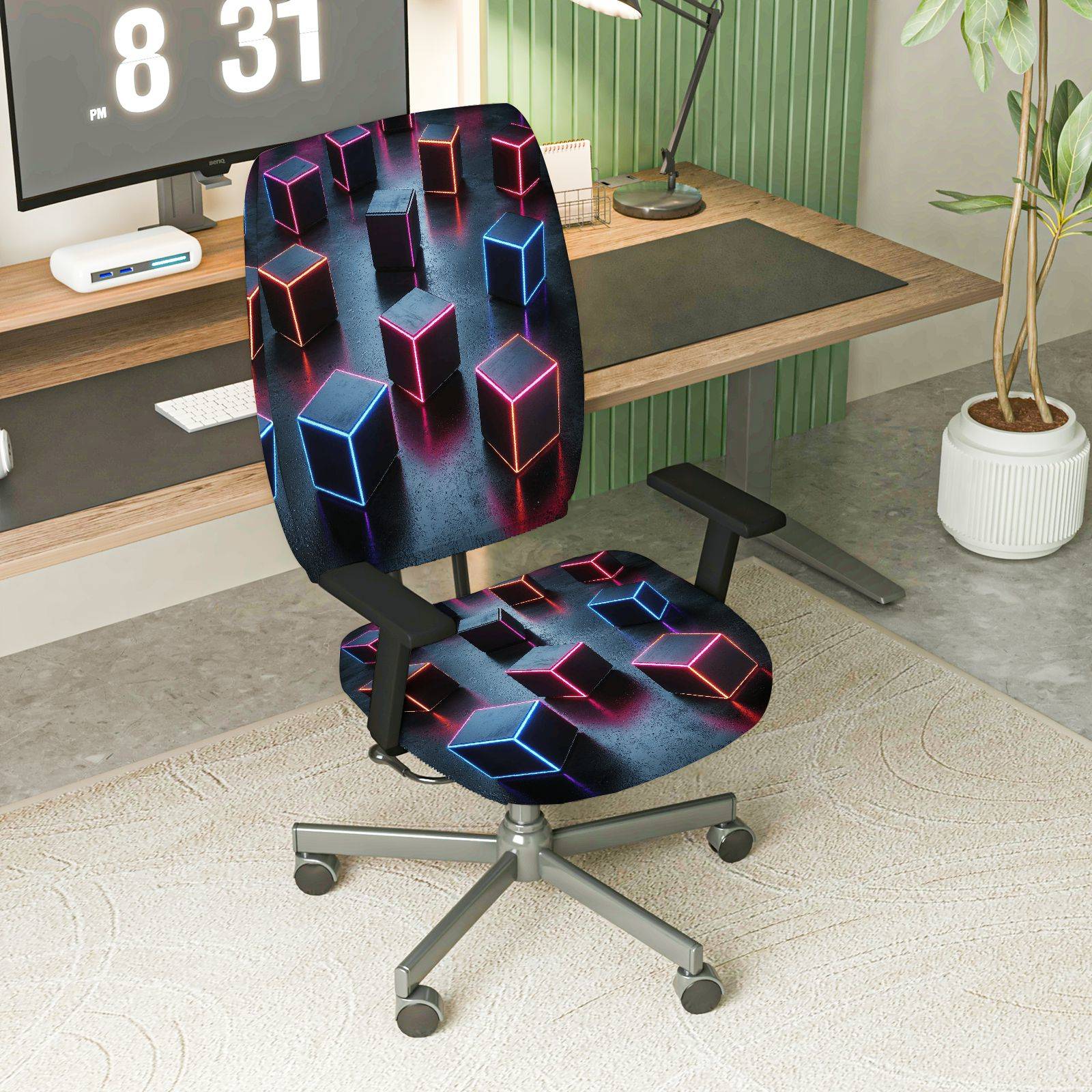 2-Piece Modern Digital Abstract Geometric Cube  Computer Chair Cover Set, Seat and Backrest