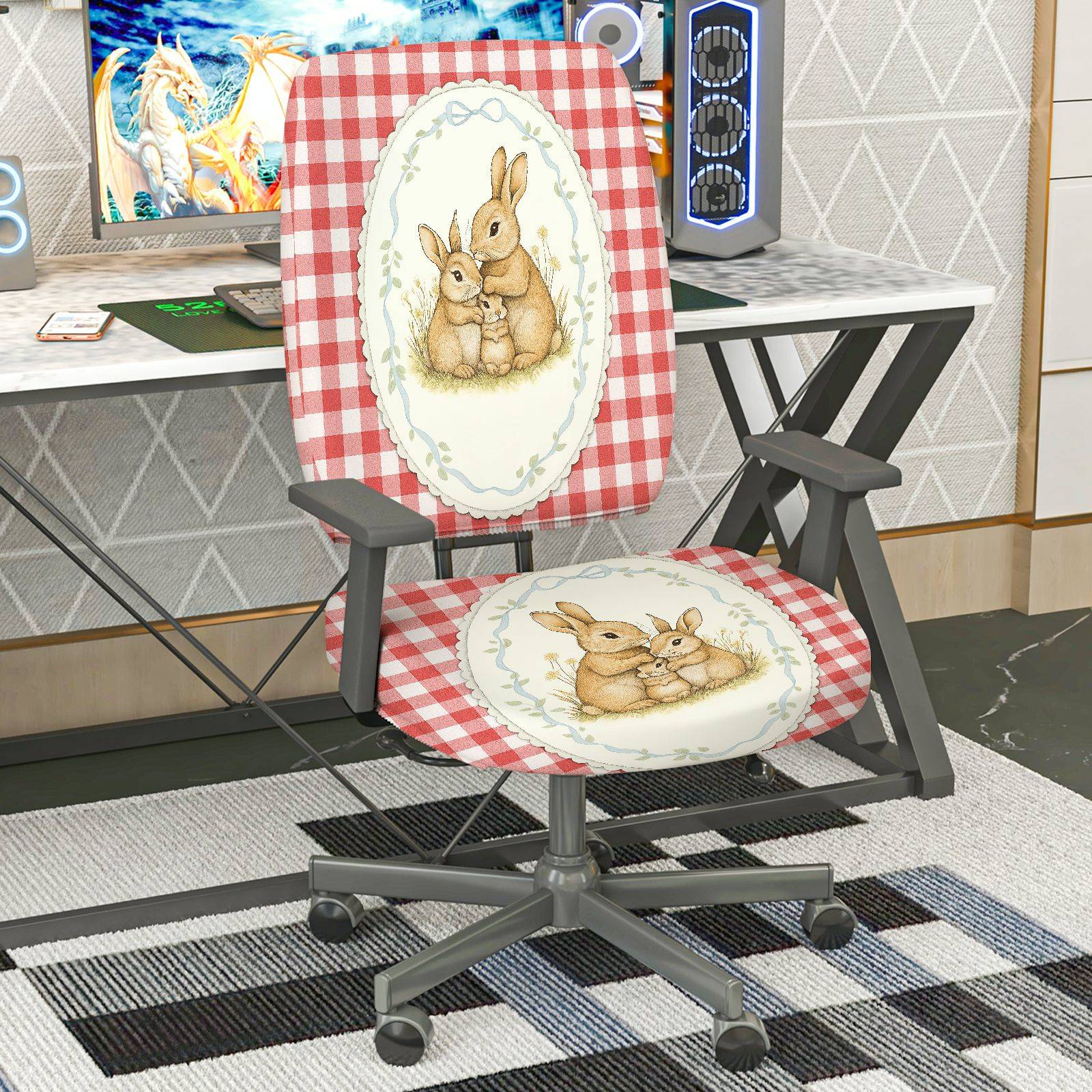 2-Piece Cute Bunny Red Plaid Spring Easter  Computer Chair Cover Set, Seat and Backrest