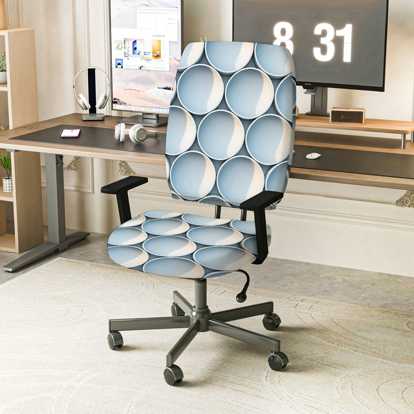 2-Piece Modern Geometric Blue Pattern Stretchy  Computer Chair Cover Set, Seat and Backrest