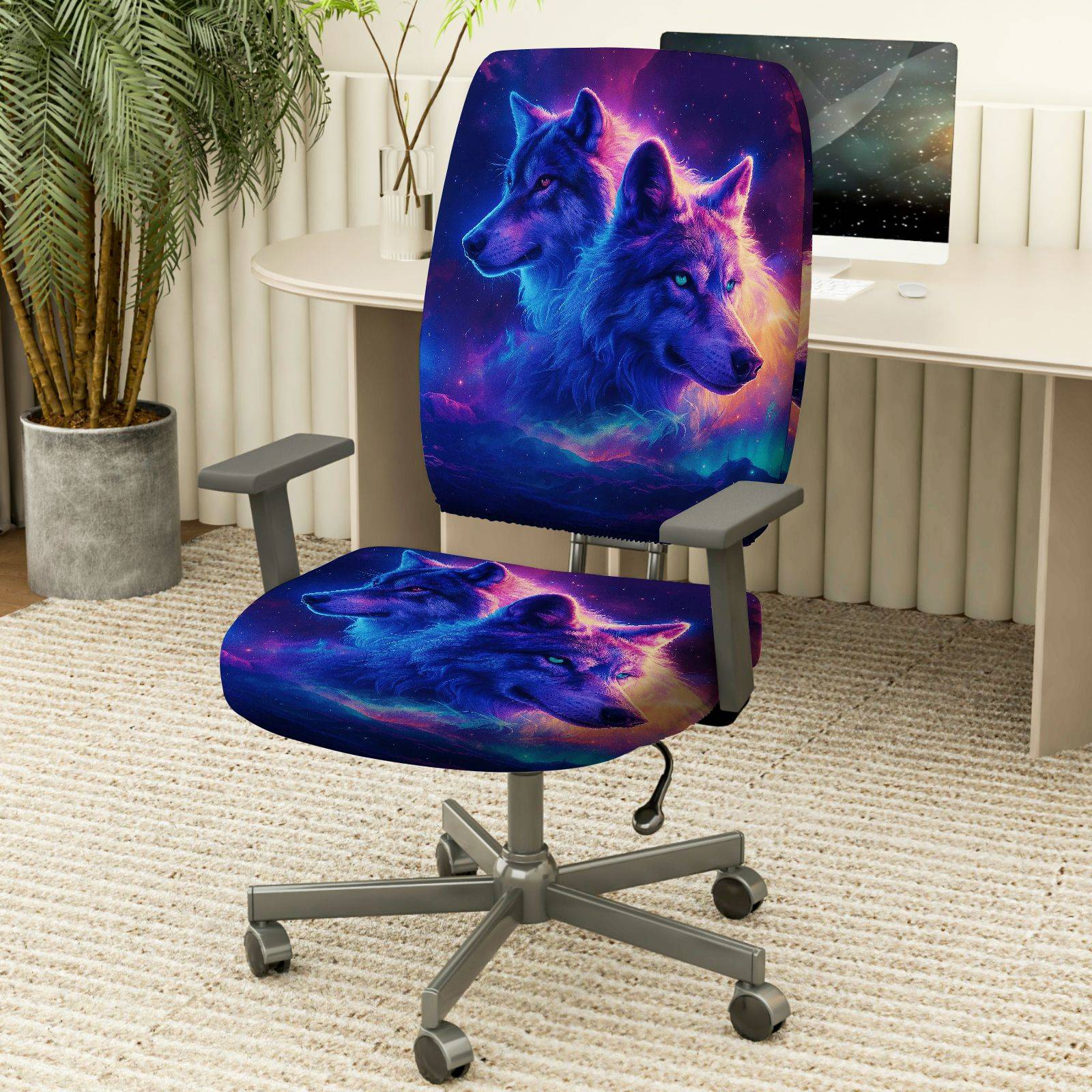 2-Piece Galaxy Wolf Art Starry Night Animal  Computer Chair Cover Set, Seat and Backrest