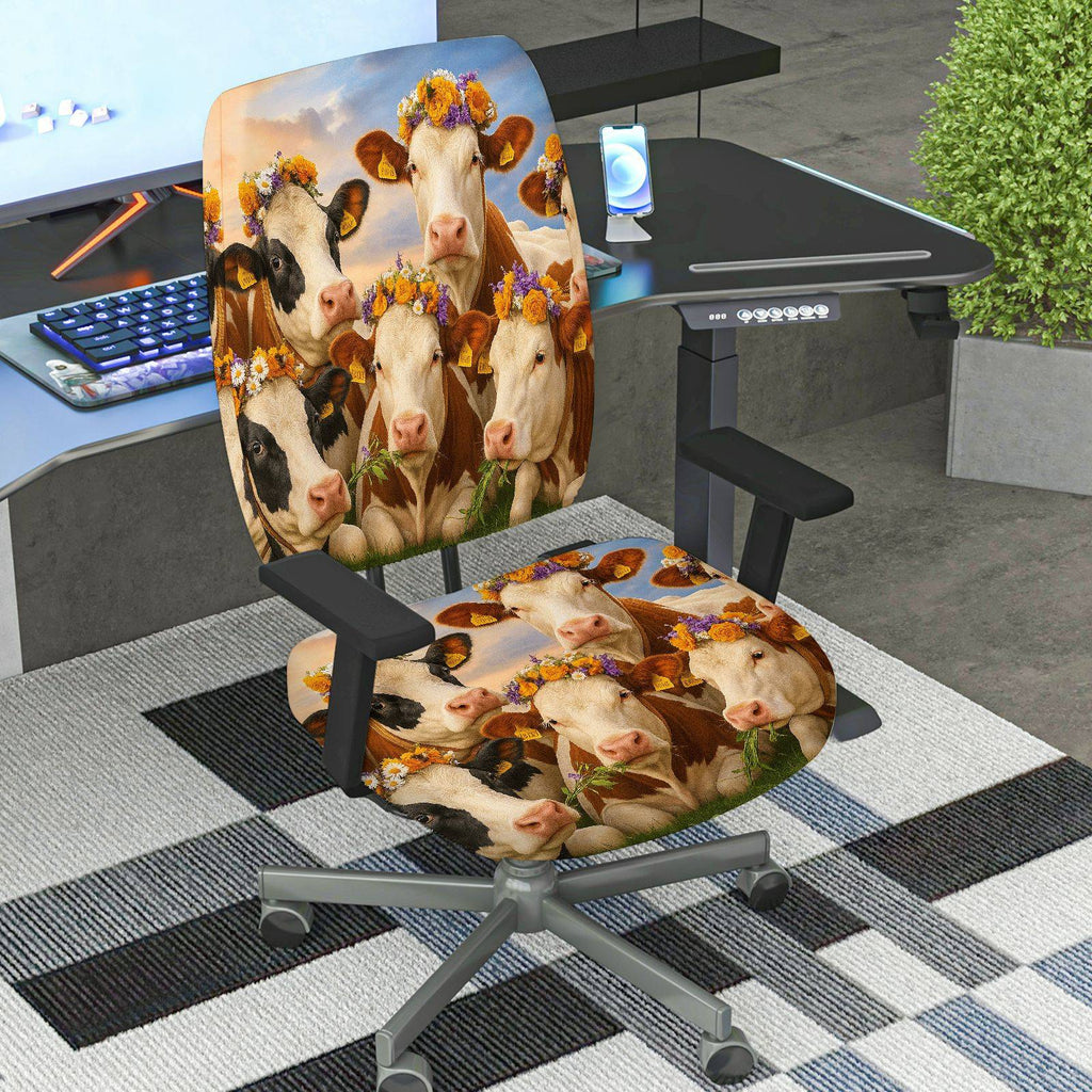 2-Piece Animal Nature Floral Art Cow  Computer Chair Cover Set, Seat and Backrest