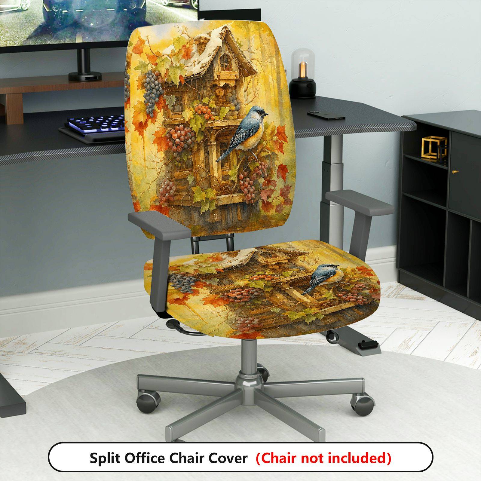 2-Piece Autumn Birdhouse Grapes Leaves Cozy Nature  Computer Chair Cover Set, Seat and Backrest