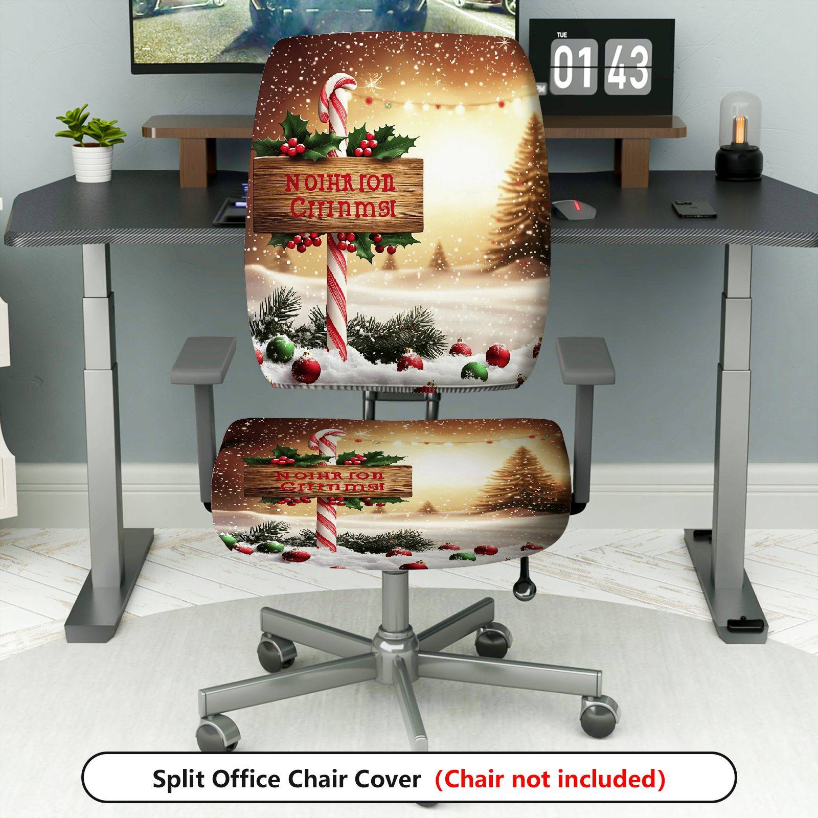 2-Piece Christmas Snowflake Candy Cane Holly Tree  Computer Chair Cover Set, Seat and Backrest
