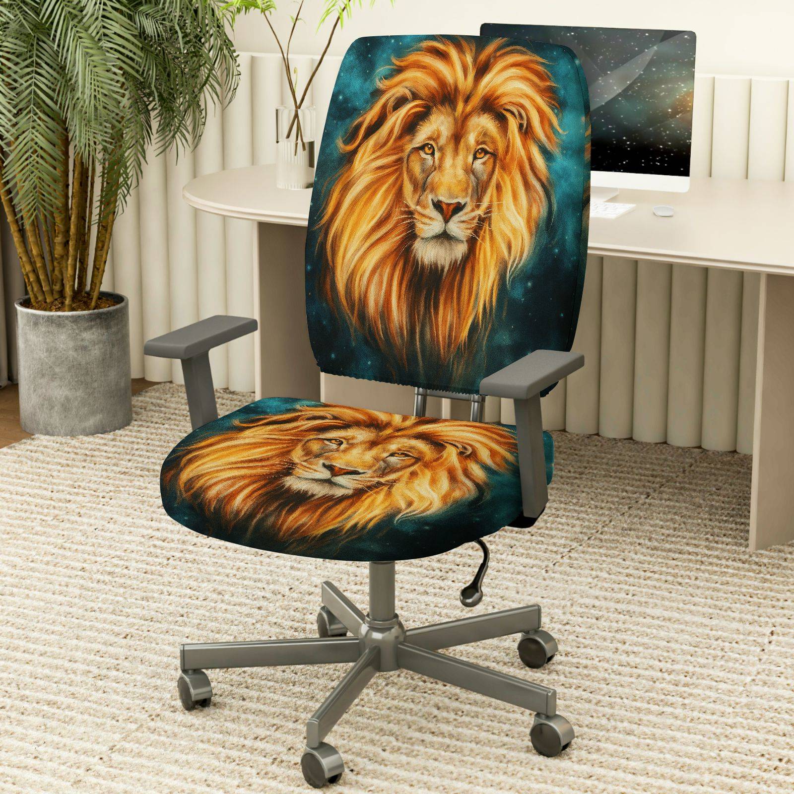 2-Piece Lion Animal Art Decorative Style Vibrant  Computer Chair Cover Set, Seat and Backrest