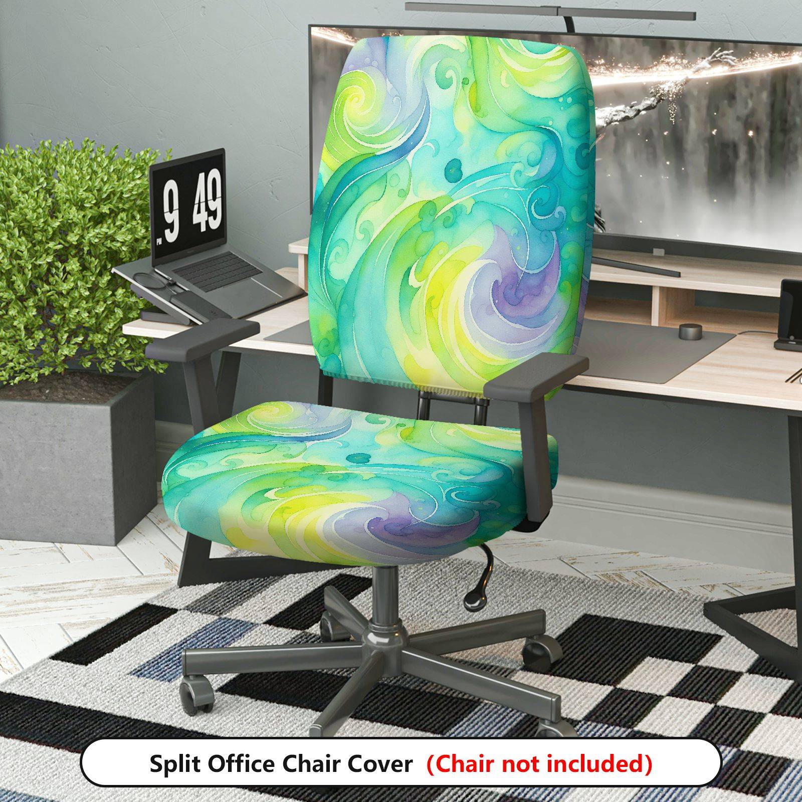 2-Piece Abstract Swirl Artistic Watercolor Green Blue Yellow  Computer Chair Cover Set, Seat and Backrest