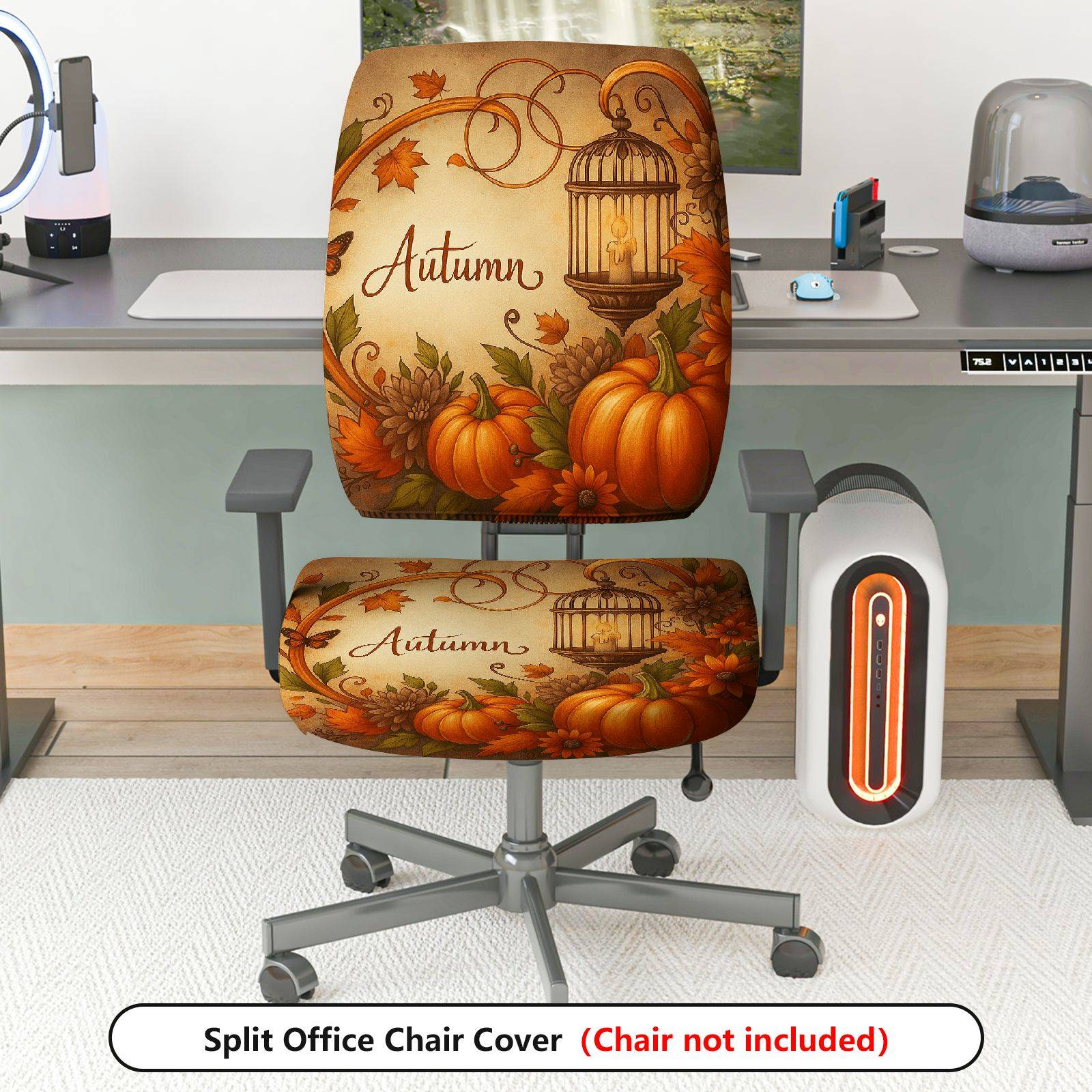 2-Piece Autumn Pumpkin Maple Leaf Lantern Fall  Computer Chair Cover Set, Seat and Backrest