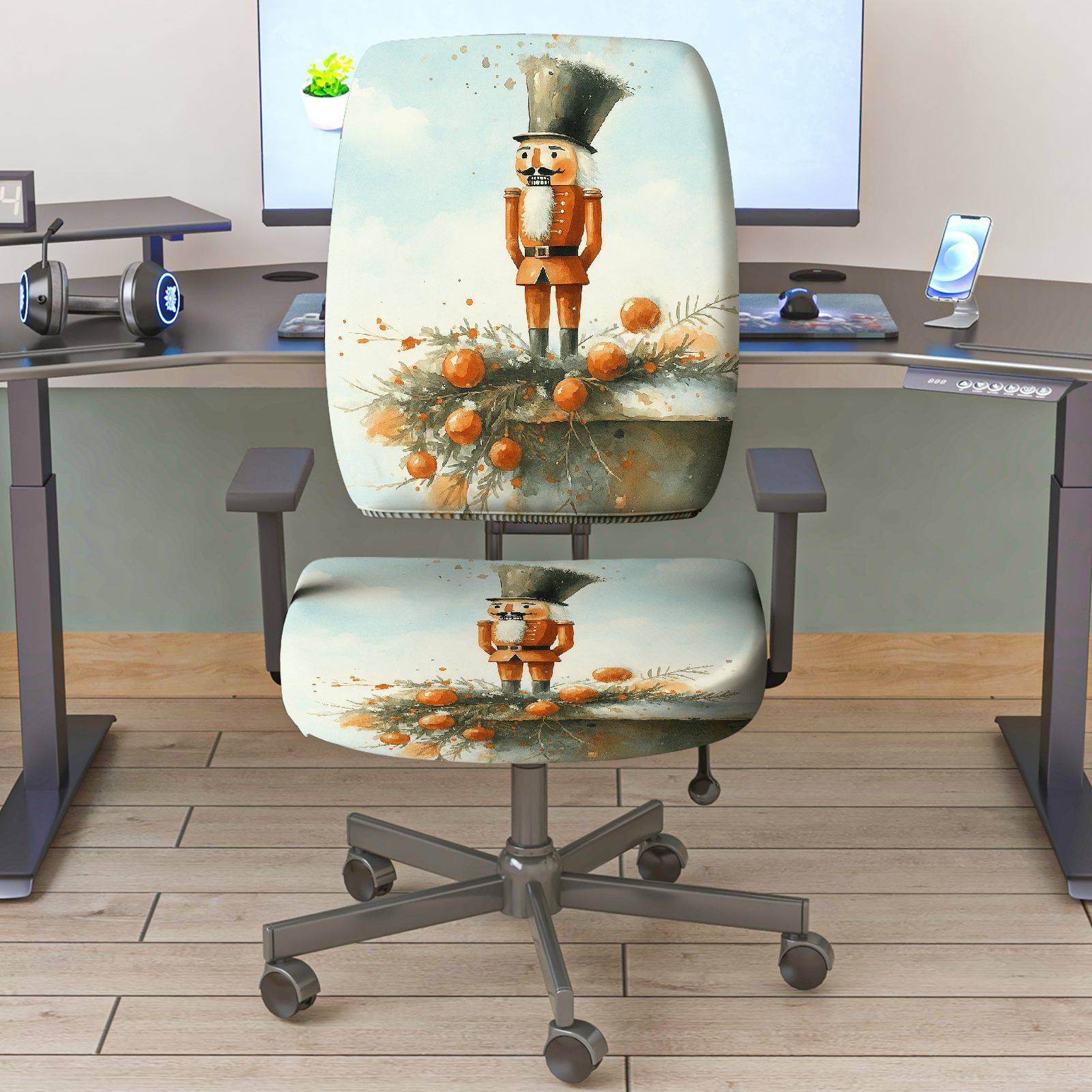 2-Piece Nutcracker Christmas Holiday Festive Decorative  Computer Chair Cover Set, Seat and Backrest