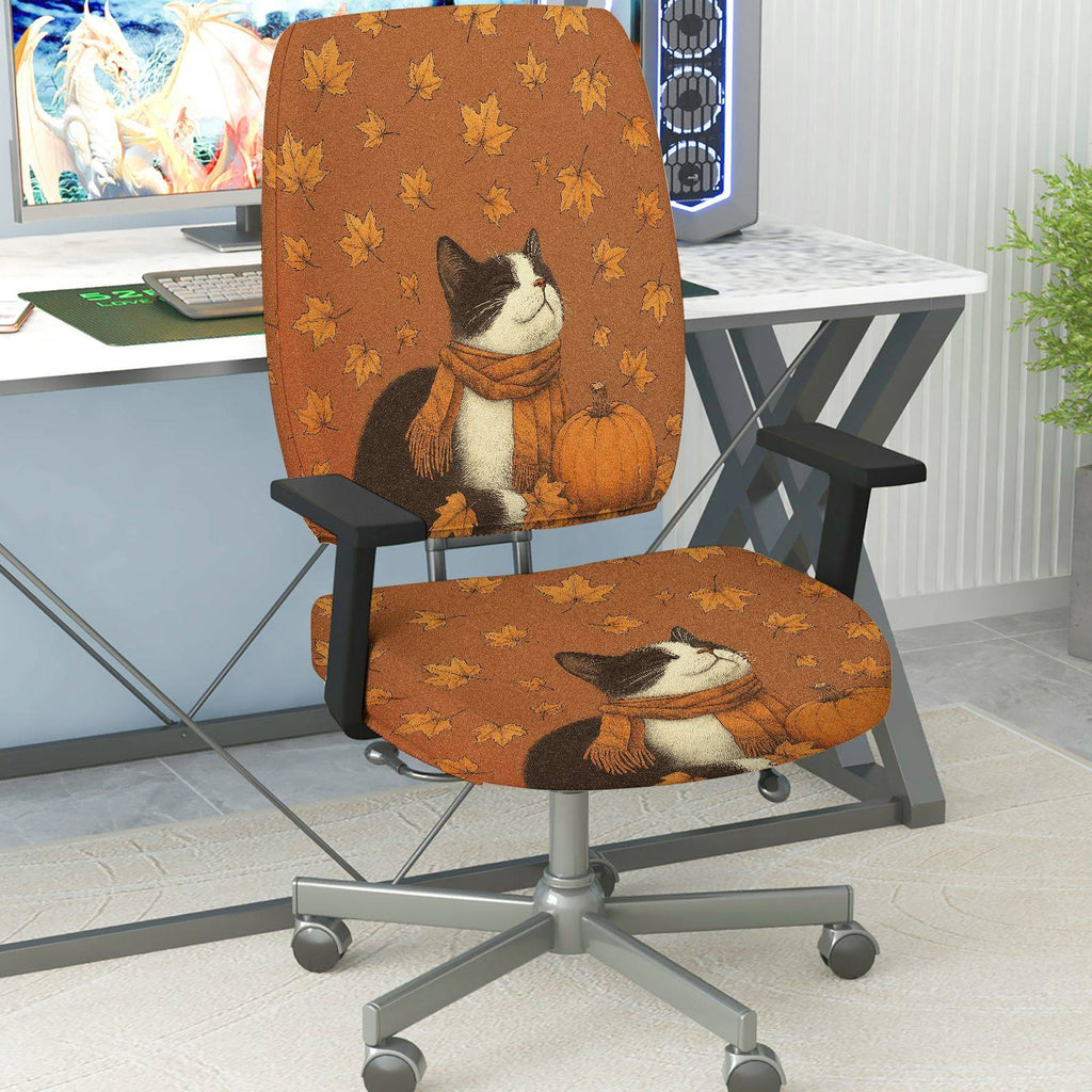 2-Piece Autumn Leaves Pumpkin Cat Scarf Fall  Computer Chair Cover Set, Seat and Backrest