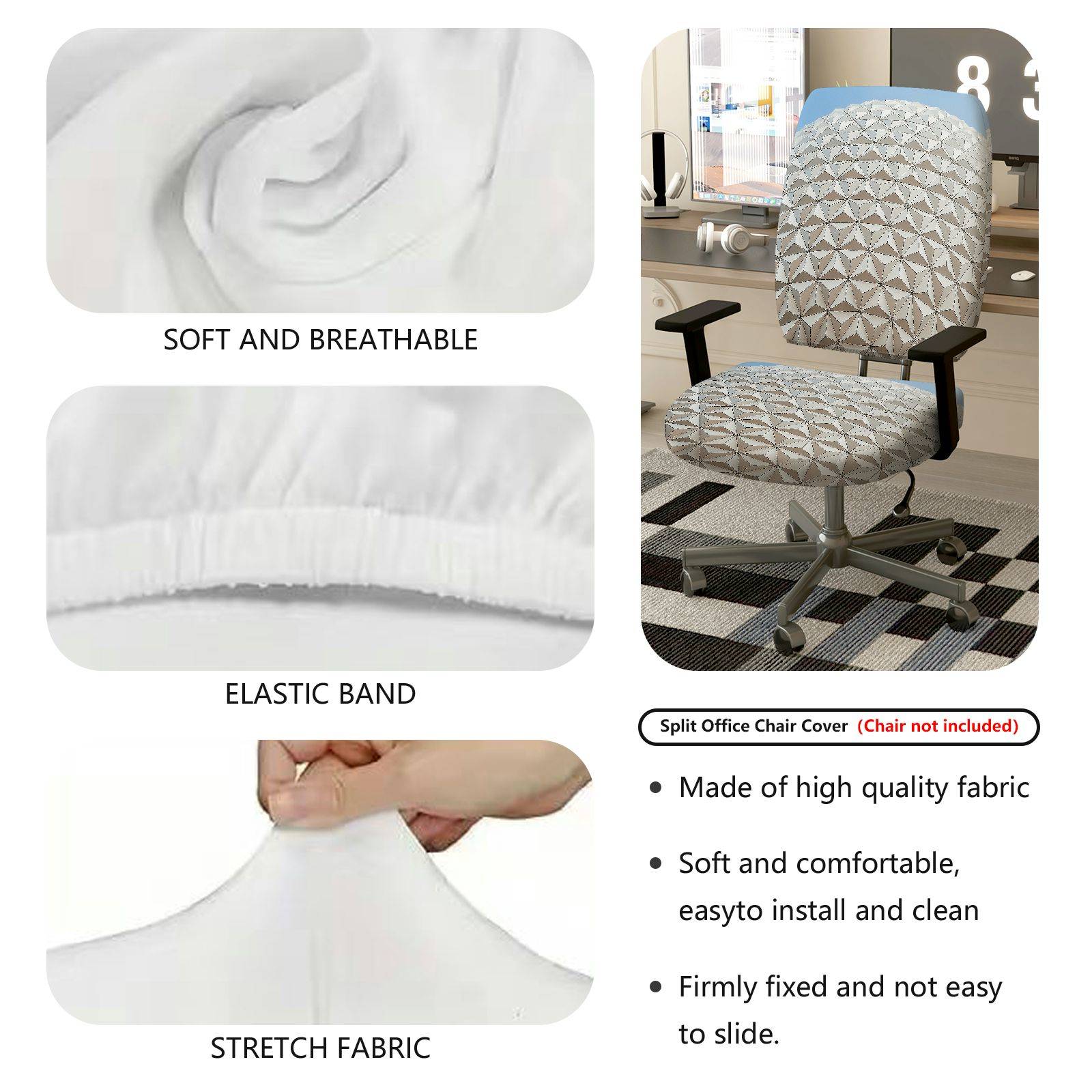 2-Piece Geometric Pattern Gray Design Decorative  Computer Chair Cover Set, Seat and Backrest