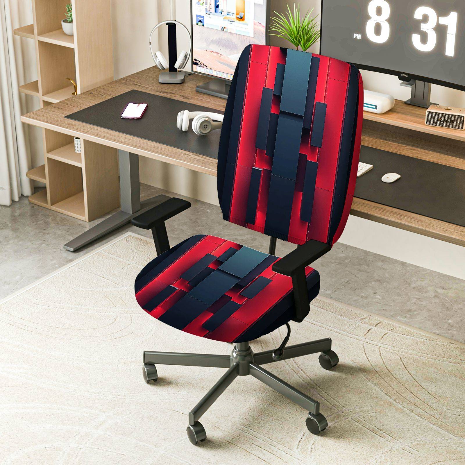 2-Piece Modern Geometric Red Black Stylish  Computer Chair Cover Set, Seat and Backrest
