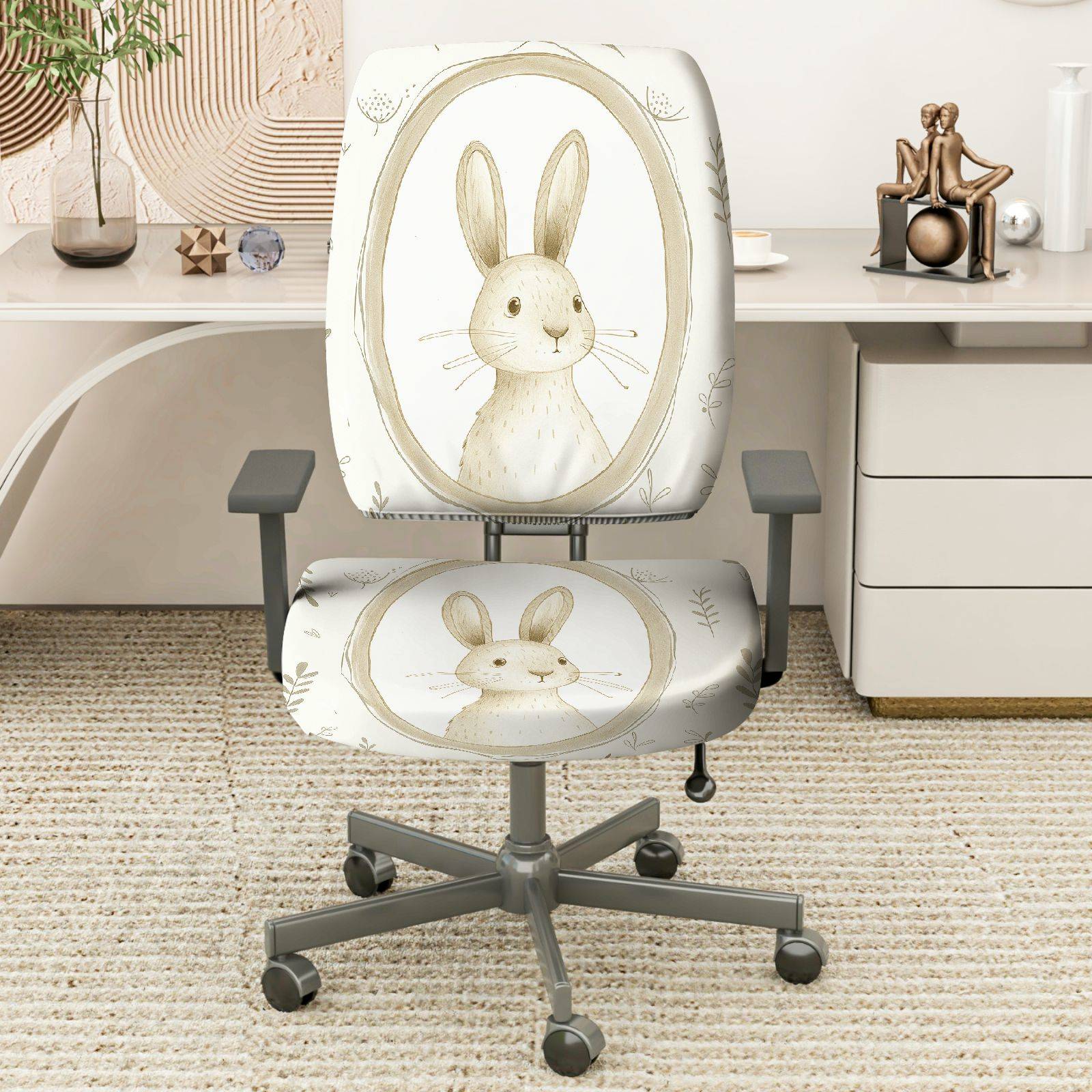 2-Piece Cute Bunny Pattern Easter Pastel Beige  Computer Chair Cover Set, Seat and Backrest