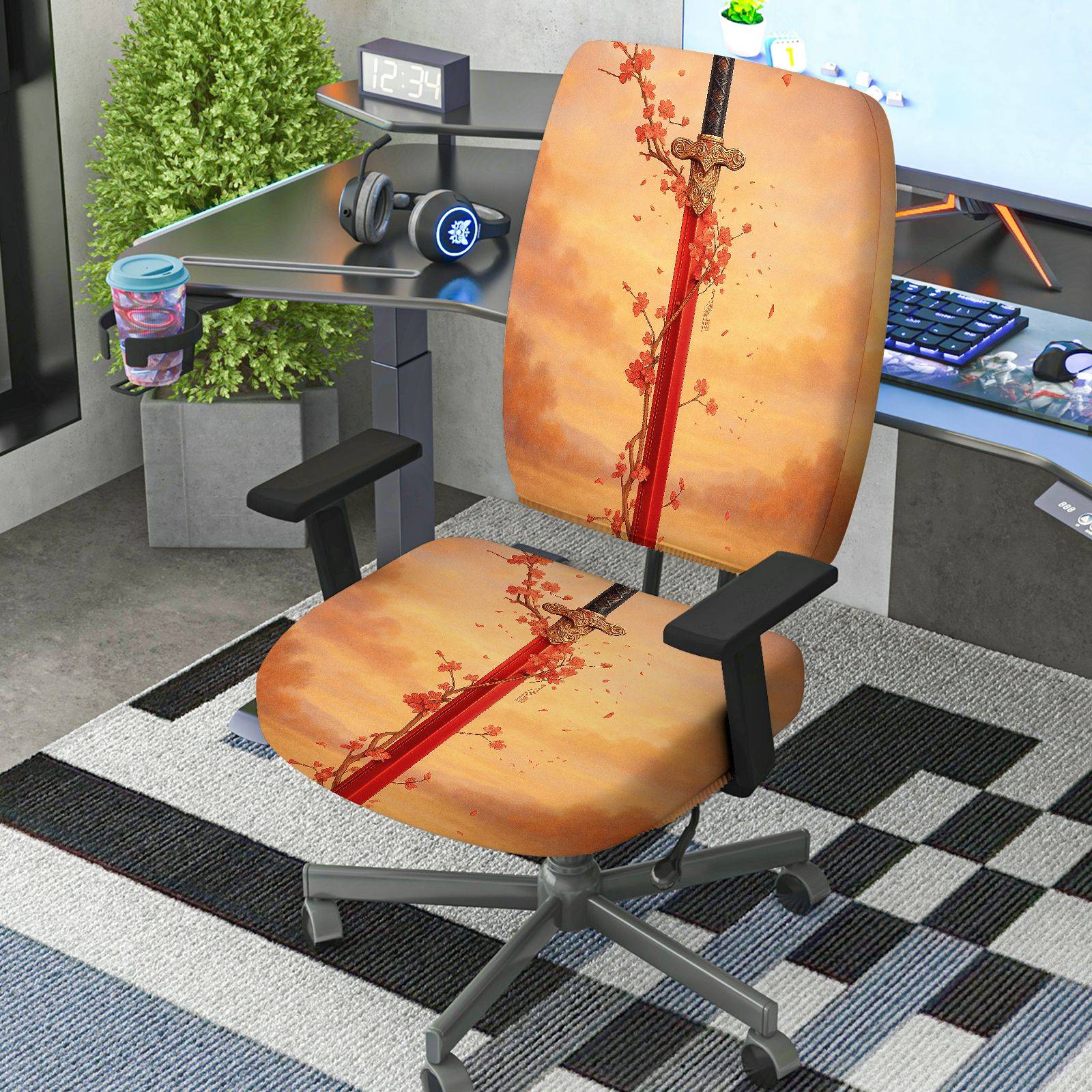 2-Piece Autumn Butterfly Zipper Floral Orange  Computer Chair Cover Set, Seat and Backrest