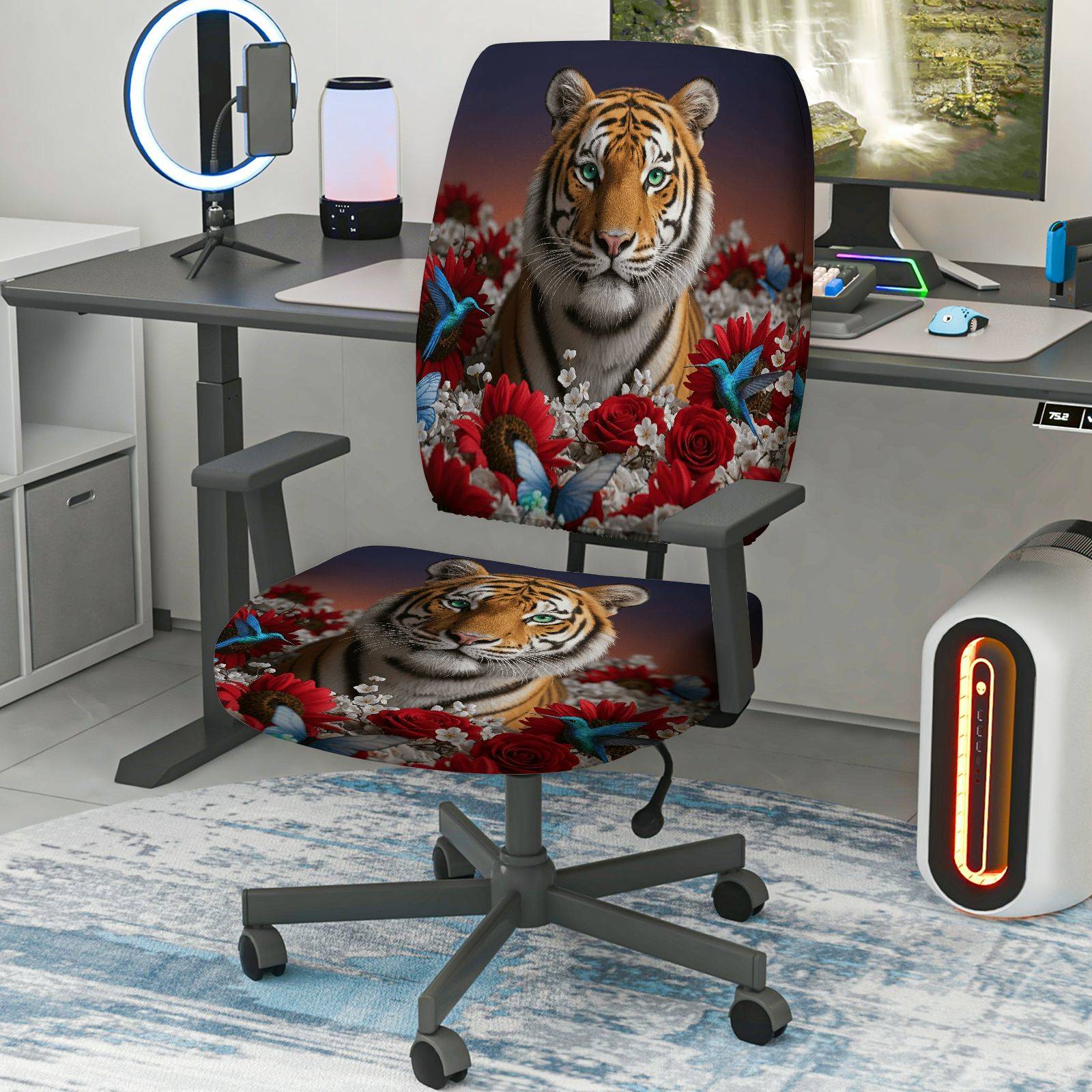 2-Piece Tiger Floral Animal Art Decorative  Computer Chair Cover Set, Seat and Backrest