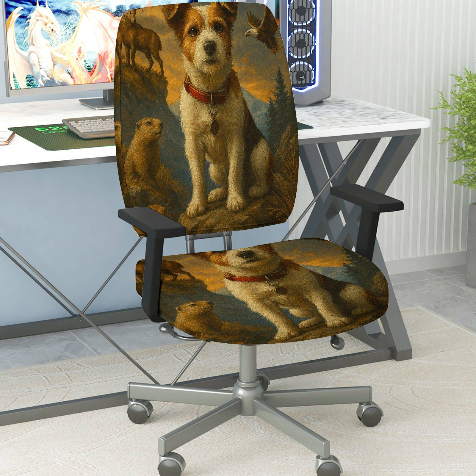 2-Piece Animal Nature Art Dog Wildlife  Computer Chair Cover Set, Seat and Backrest