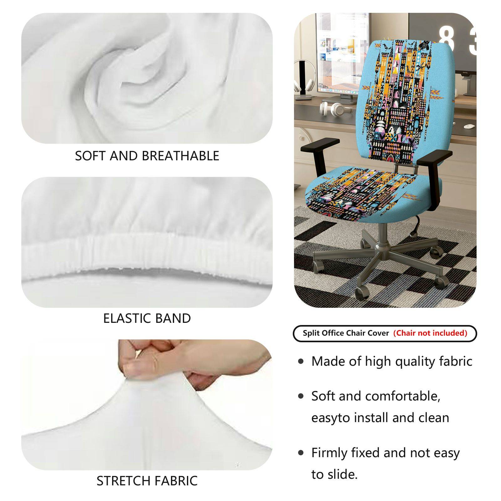 2-Piece Colorful Geometric City Night Skyline Pattern  Computer Chair Cover Set, Seat and Backrest