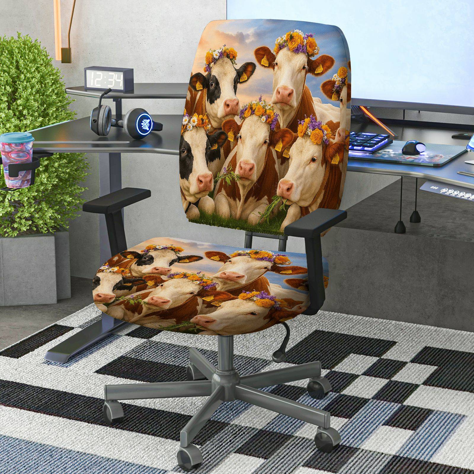 2-Piece Animal Nature Floral Art Cow  Computer Chair Cover Set, Seat and Backrest