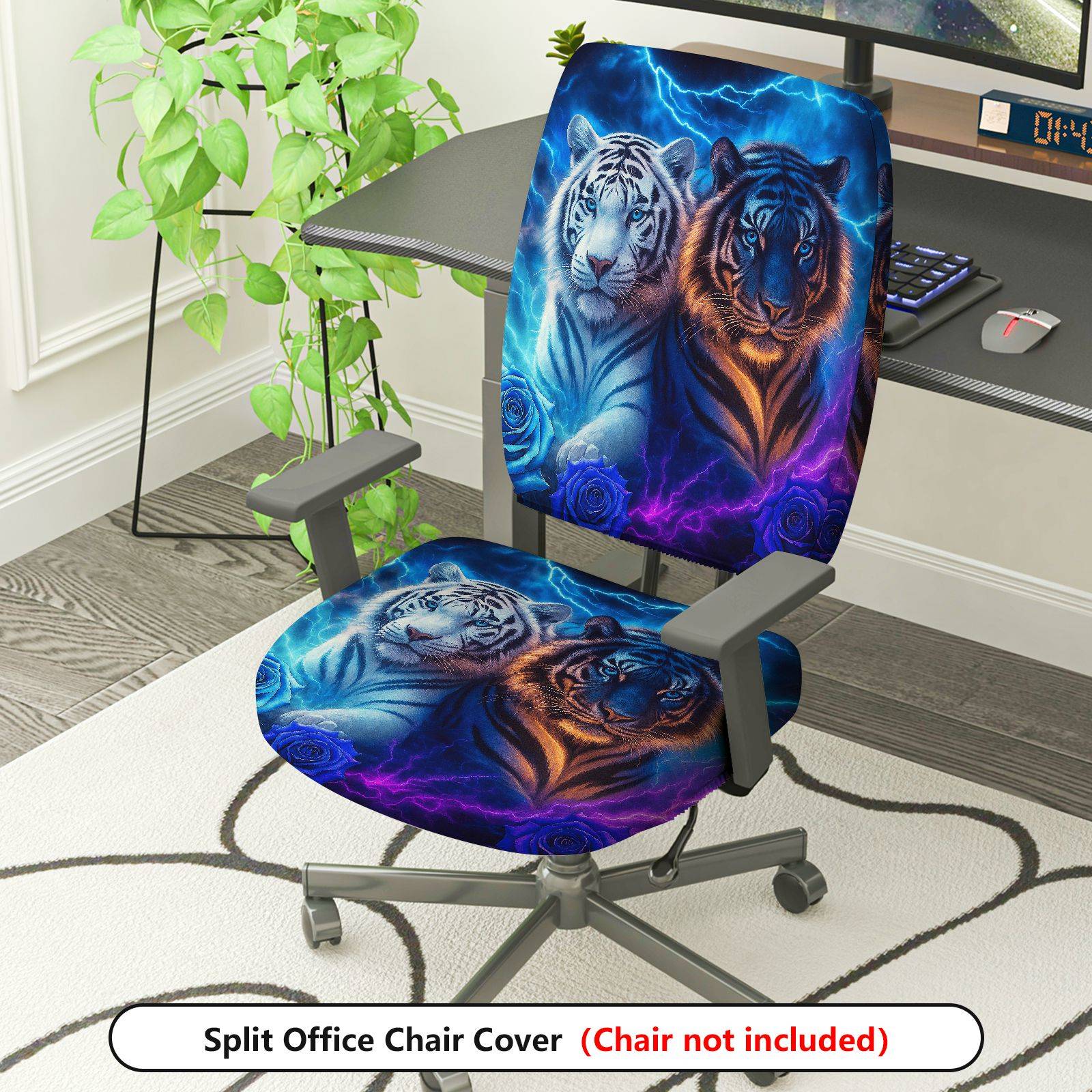 2-Piece Animal Print Tiger Modern Art Lightning Blue Glow  Computer Chair Cover Set, Seat and Backrest